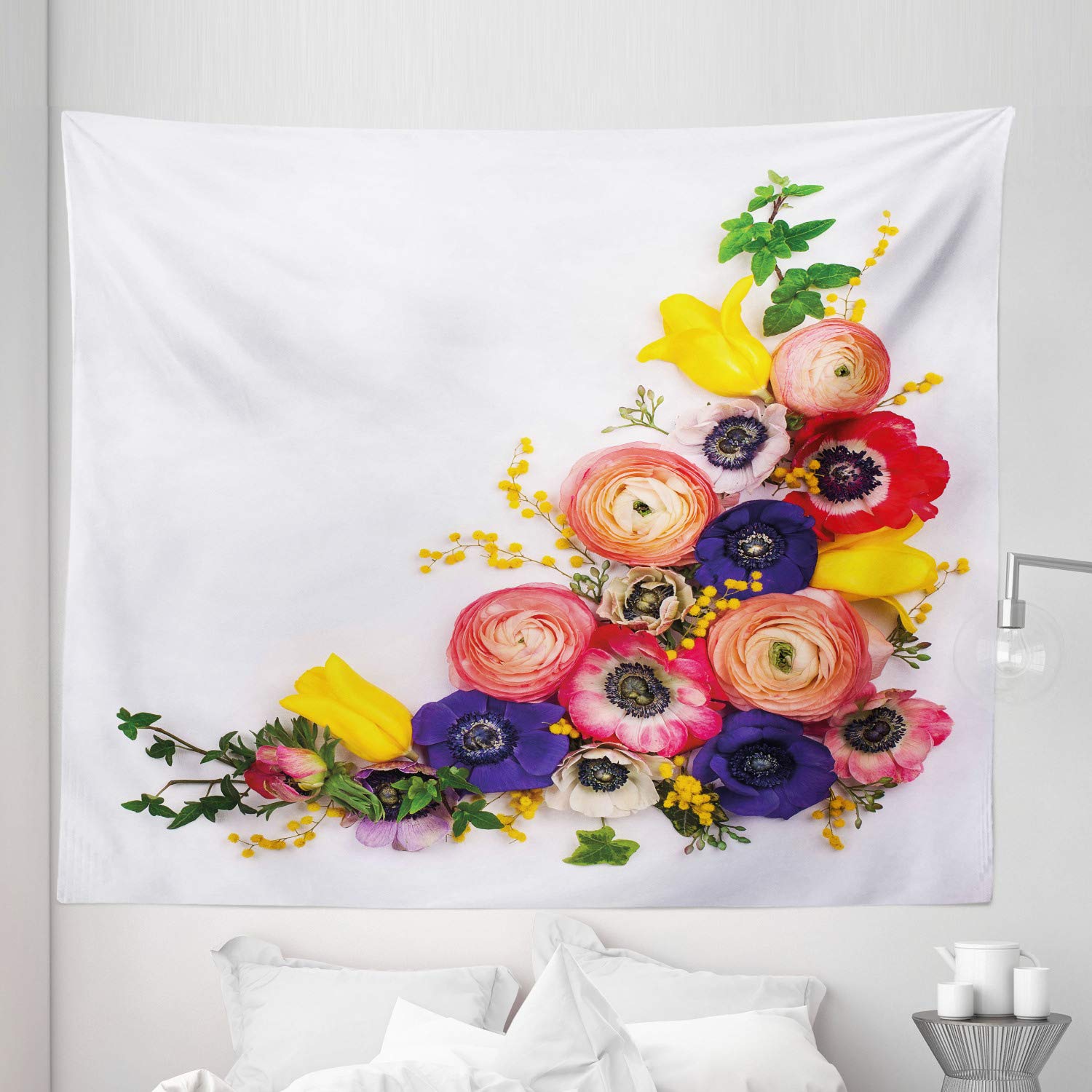 Ambesonne King Size Floral Tapestry - Anemone Flowers with English Roses, Buttercups & Herbs | 104x88 Inch Wall Hanging, Bedspread & Home Decor | Perfect for Bedroom, Living Room & Dorm Decoration | Multicolor Bohemian Style