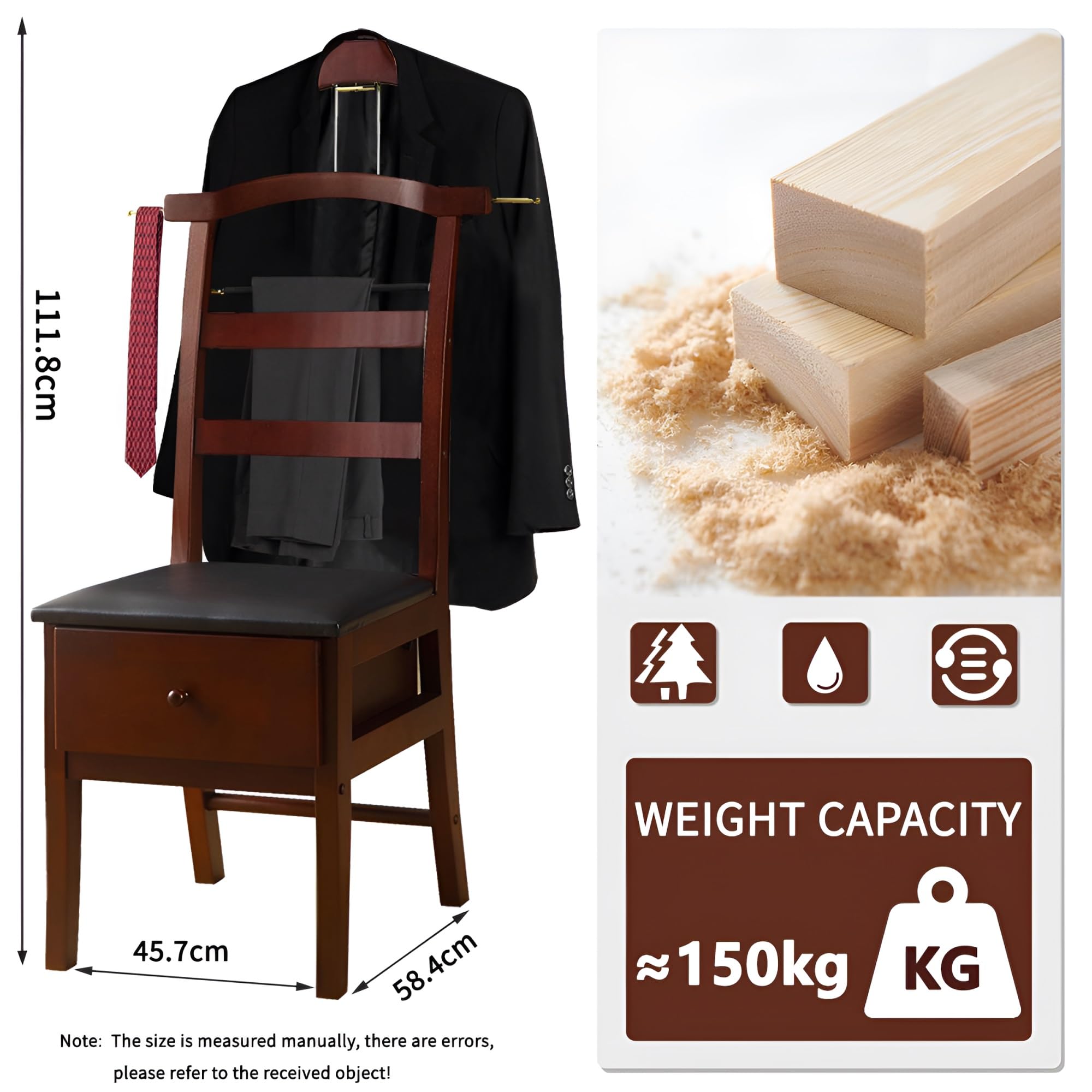 Premium Wooden Valet Stand with Drawer - Suit Valet Stand for Men & Women, Freestanding Closet Organizer with Trouser Bar & Tie Bar - Perfect for Bedroom, Closet & Dressing Room Organization