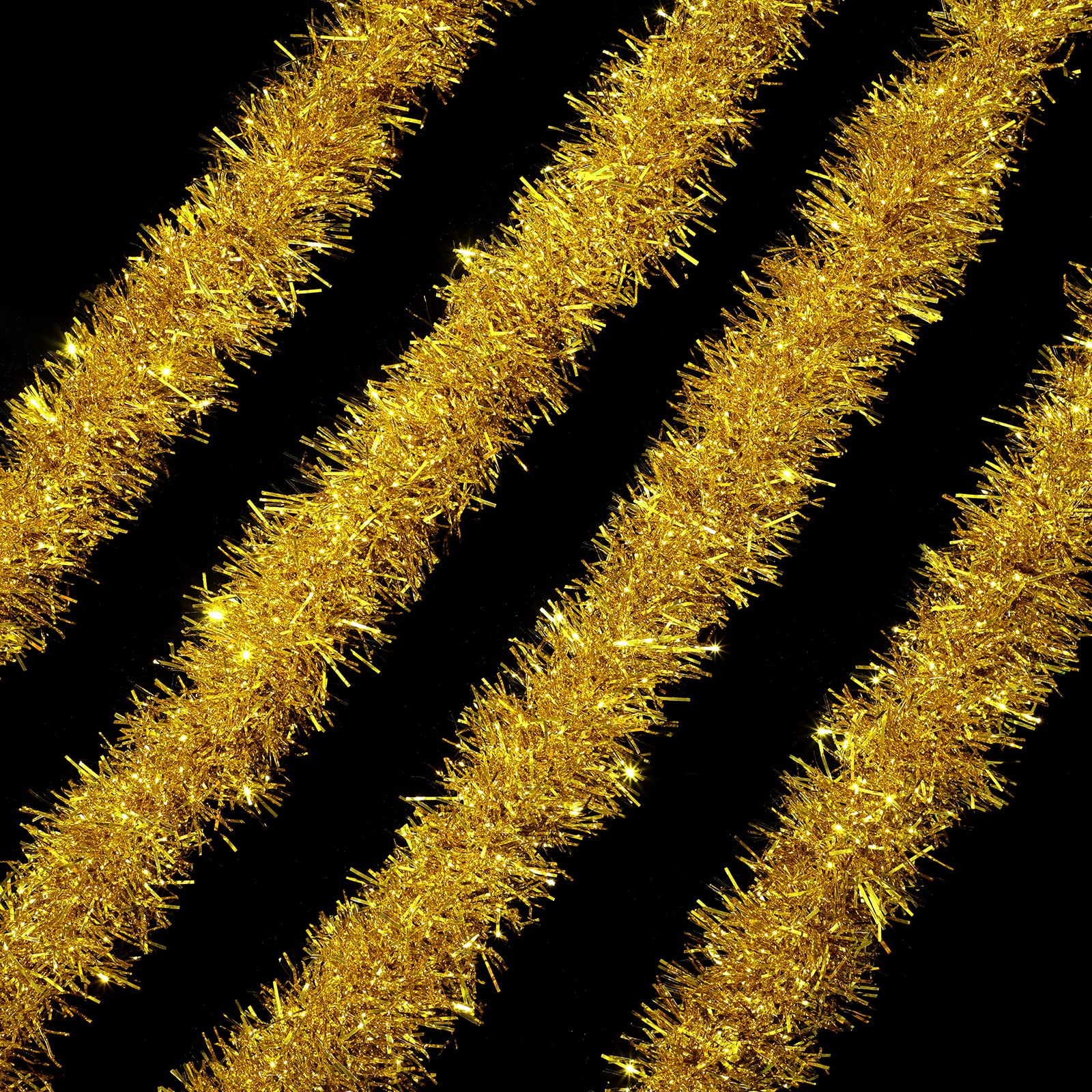 2 Pack 49FT Christmas Tinsel Garland Decorations - Metallic Gold Xmas Twist Streamers for Tree, Wall, Stair Rail - Indoor/Outdoor Holiday Party Decor for Christmas, Halloween, Home, Wedding & Events