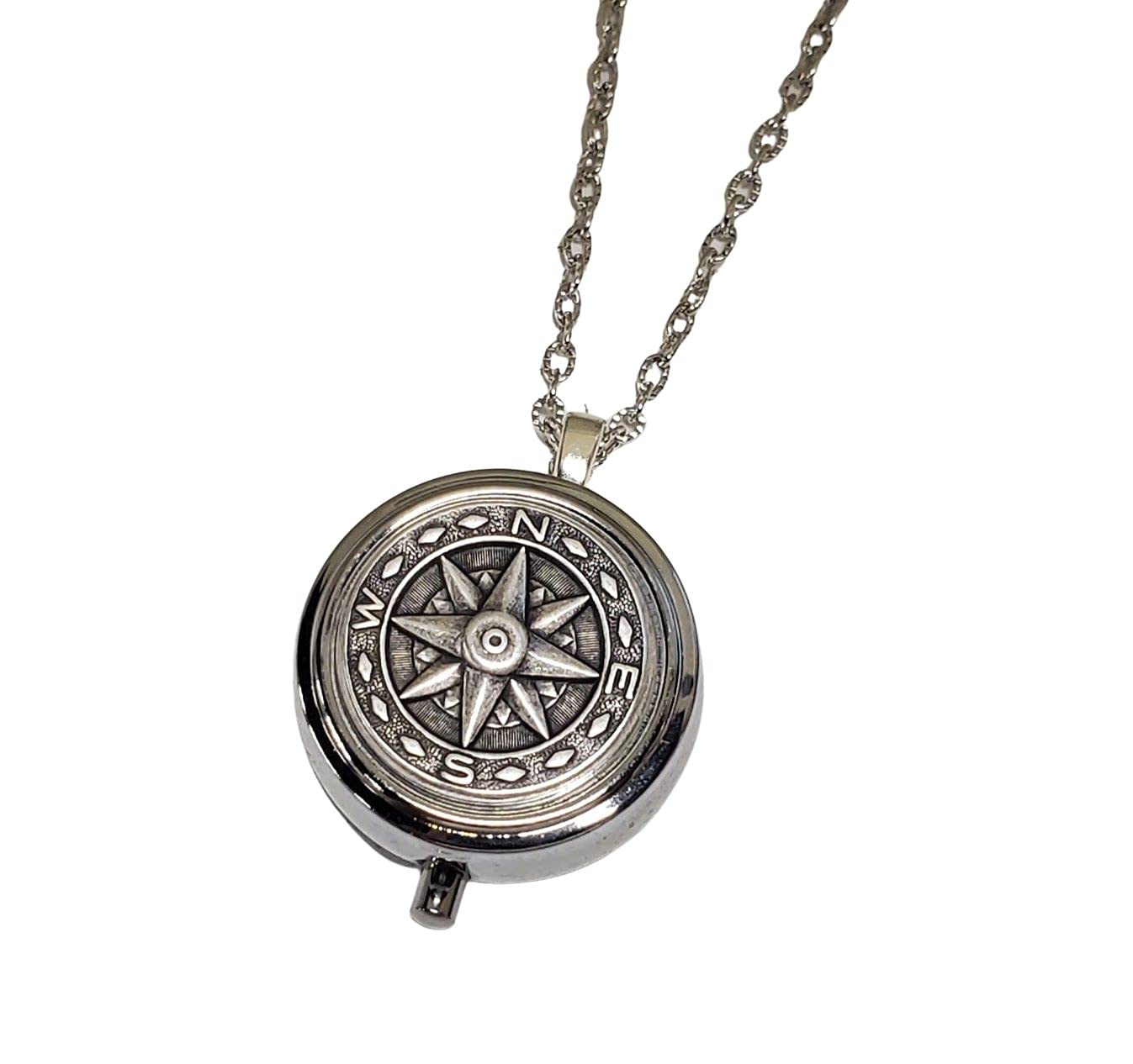 Handmade Silver Compass Pill Box Necklace - Vintage Travel Jewelry for Women, Engraved Compass Pendant with Hidden Storage - Perfect for Adventure, Hiking & Everyday Wear