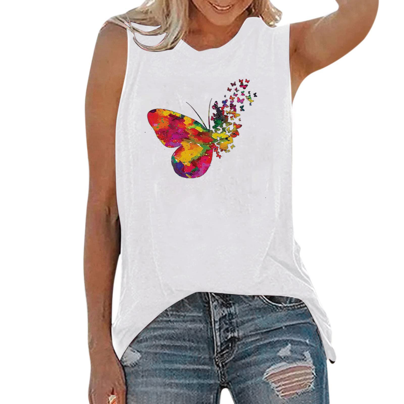 Women's Cute Butterfly Print Tank Top - Summer Sleeveless Blouse, Round Neck Loose Fit Pullover T-Shirt | Perfect for Beach, Vacation & Casual Outfits