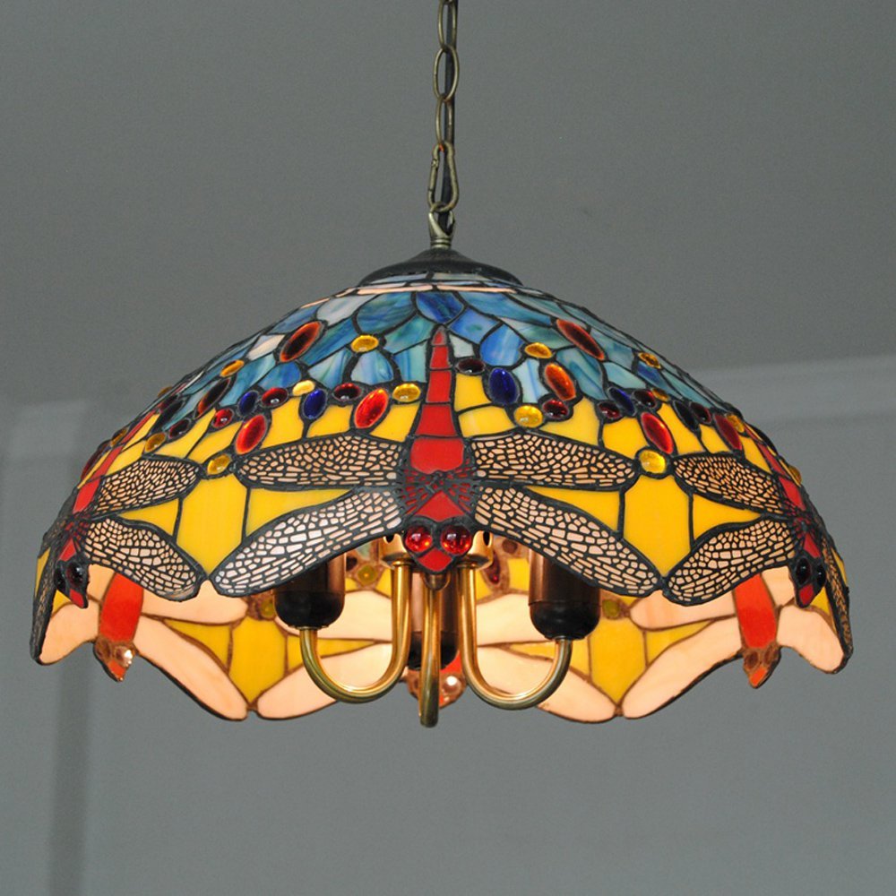 Tiffany Glass Dragonfly Chandelier - Elegant Ceiling Pendant Light for Dining Room, Kitchen, Living Room & Bedroom | Perfect for Home Decor, Restaurants & Cafe Lighting