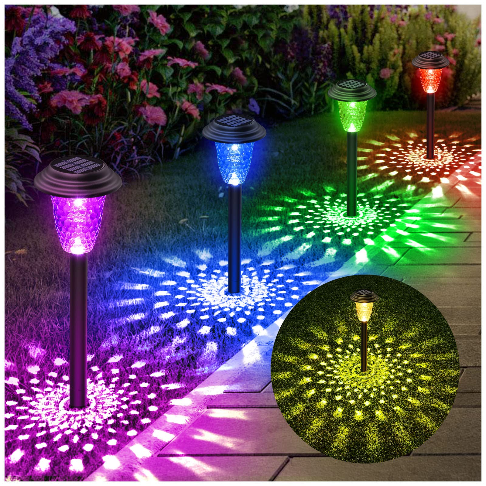 8 Pack Solar Pathway Lights - Color Changing & Warm White LED Outdoor Solar Garden Lights, Waterproof Landscape Lighting for Yard, Walkway, Lawn - Perfect for Patio, Driveway & Backyard Decor