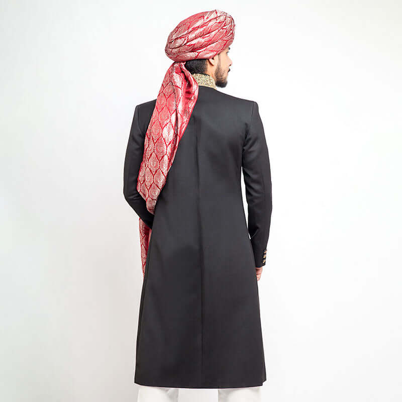 Premium Jet Black Sherwani Suit - 130's Form Fitted Men's Wedding Attire with Zardozi Embroidered Collar | Elegant Indian Groom Wear for Weddings, Festivals & Special Occasions