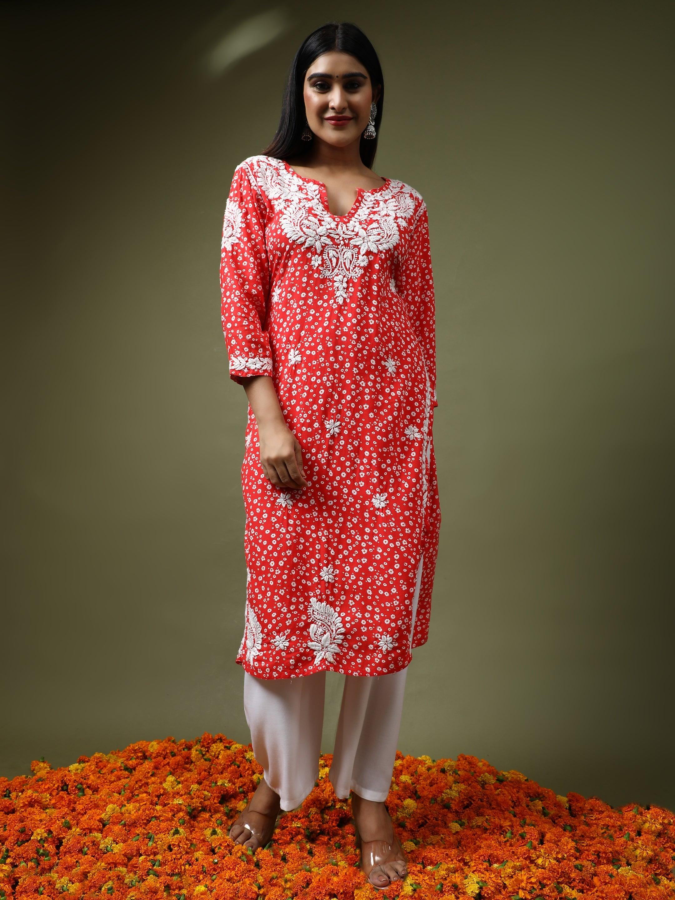 Elegant HOK Chikankari Embroidered Long Kurti for Women - Perfect for Festivals, Weddings & Casual Wear