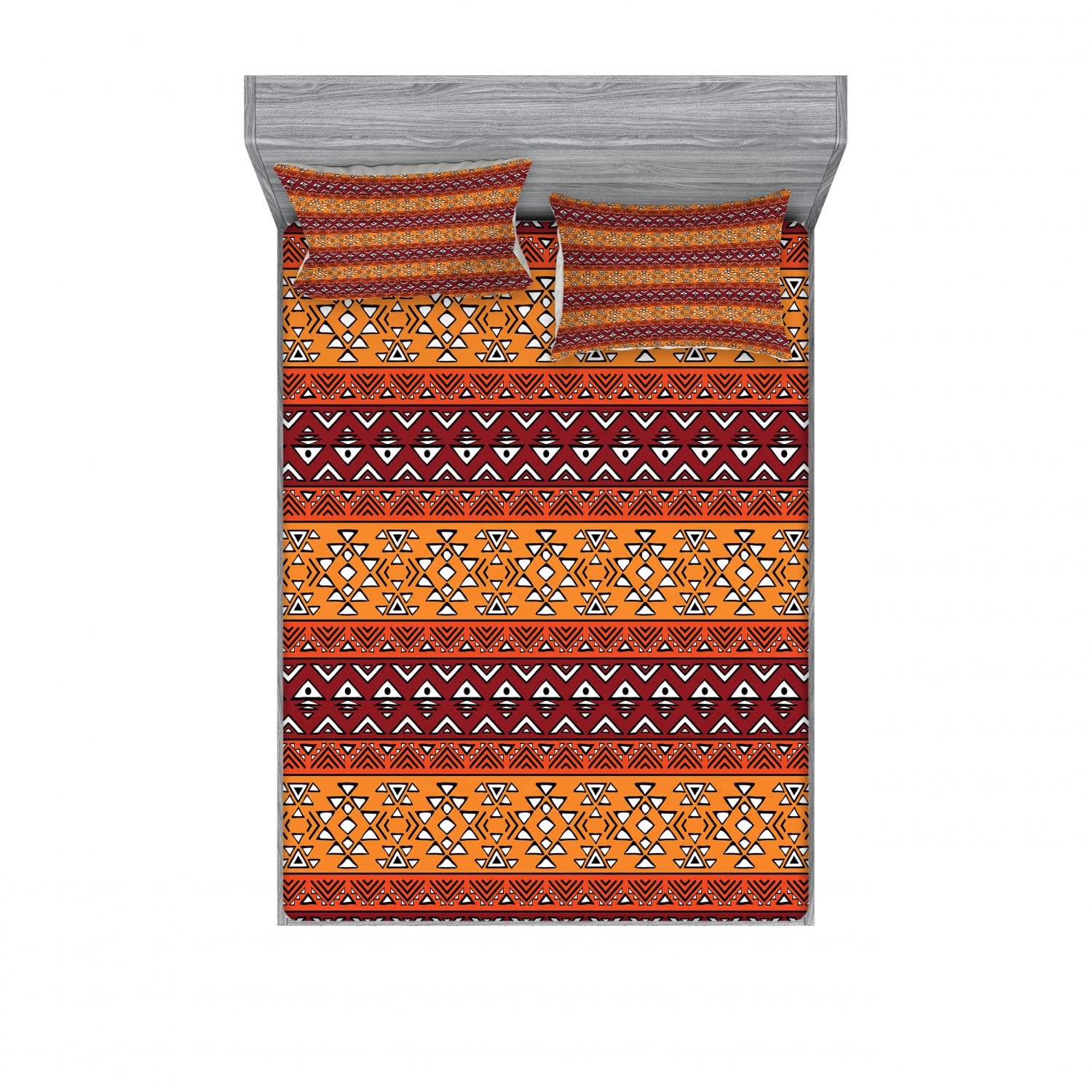 Ambesonne Tribal 2-Piece Queen Fitted Sheet Set with 4 Pillow Shams - Retro Bohemian Bedding in Ruby Apricot for Guest Rooms, Vacation Homes & Dorm Decor