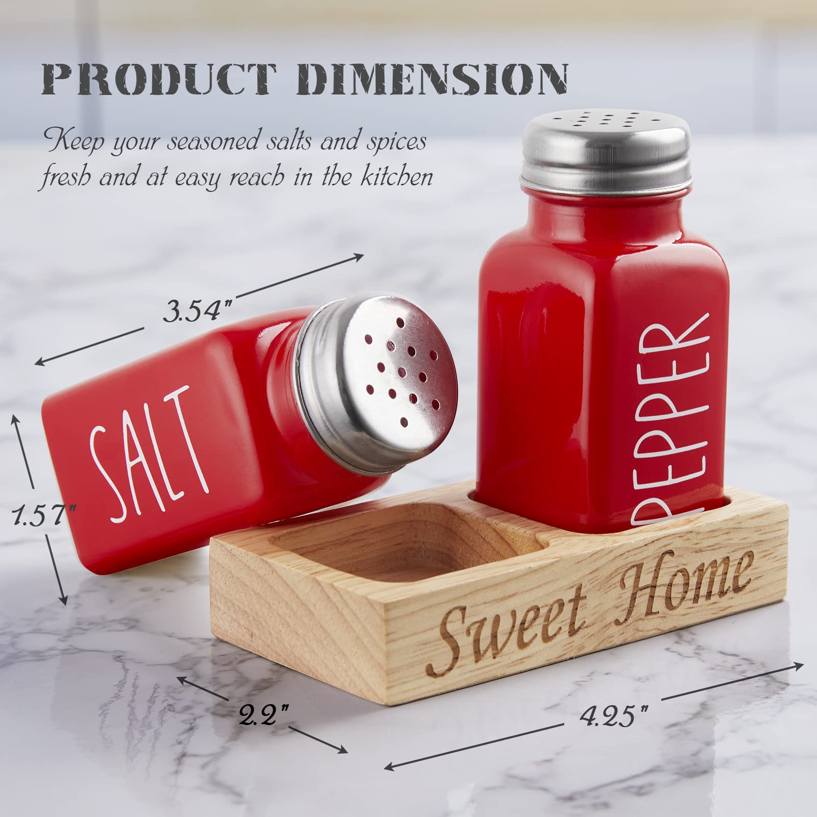 Red Glass Salt and Pepper Shakers Set with Wooden Tray - 2.7 oz Dopeca Kitchen Countertop Spice Dispenser - Christmas Housewarming Gift & Modern Kitchen Decor - Perfect for Dining Tables, Restaurants, and Holiday Gifting