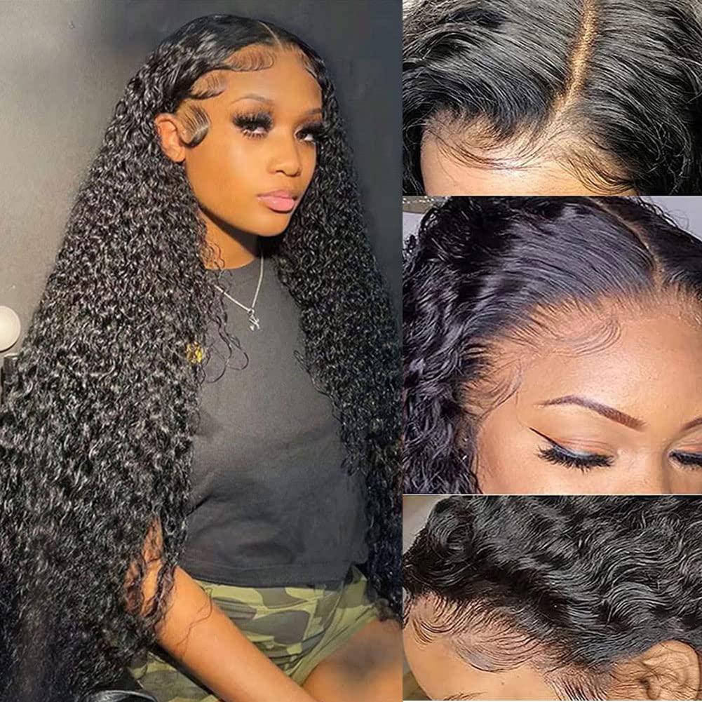 Aomllute 13x4 HD Deep Wave Lace Front Wigs Human Hair - Pre Plucked Curly Human Hair Lace Frontal Wigs for Women - 180% Density Glueless Wig with Baby Hair - 26 Inch Natural Black (Perfect for Daily Wear, Cosplay & Special Occasions)