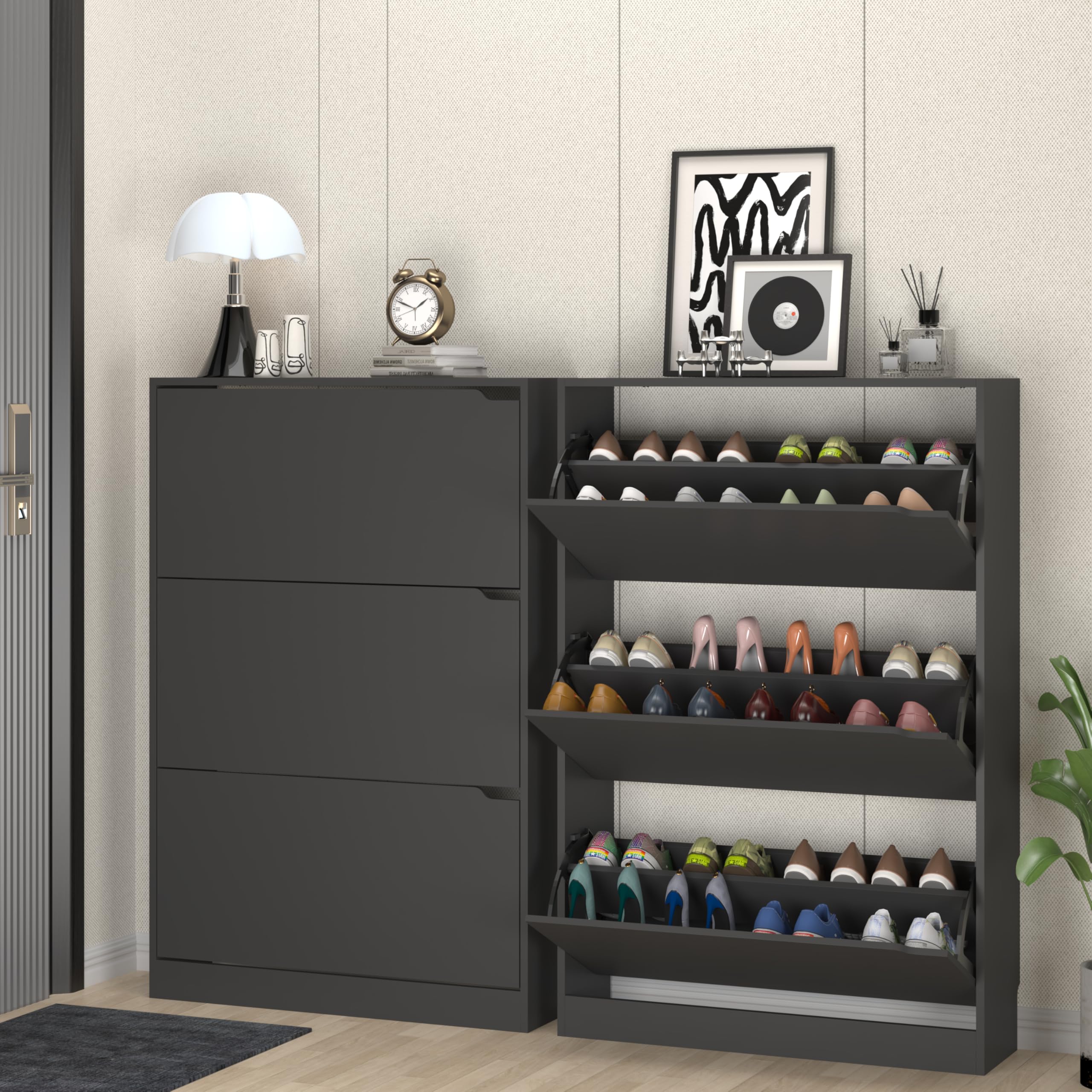Modern Shoe Cabinet with 3 Flip Drawers - Entryway & Hallway Storage Organizer, Black (9.33