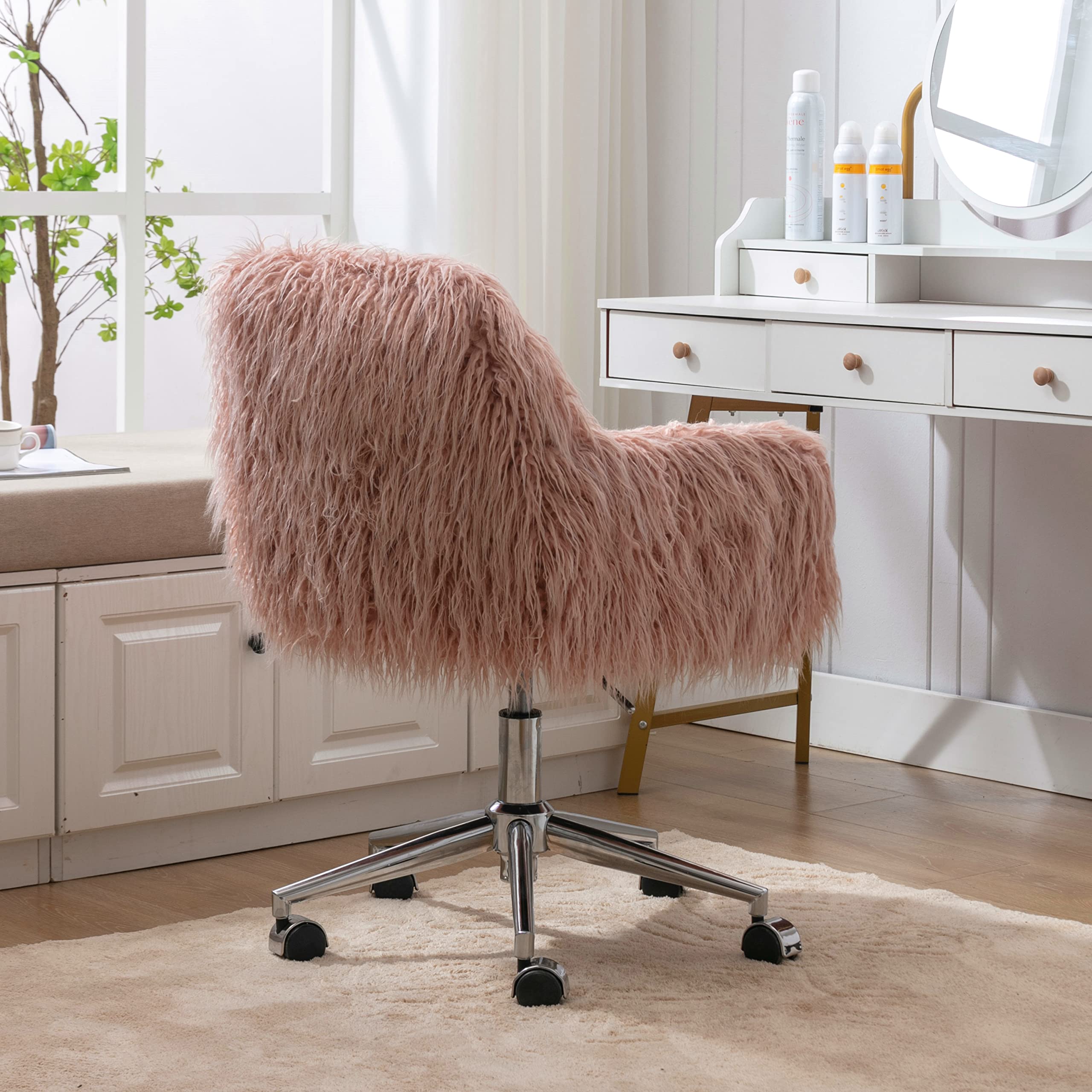 Elegant Pink Faux Fur Vanity Chair with Wheels - Modern Comfy Makeup Desk Chair for Girls & Women - Perfect for Bedroom, Living Room & Dressing Room Decor