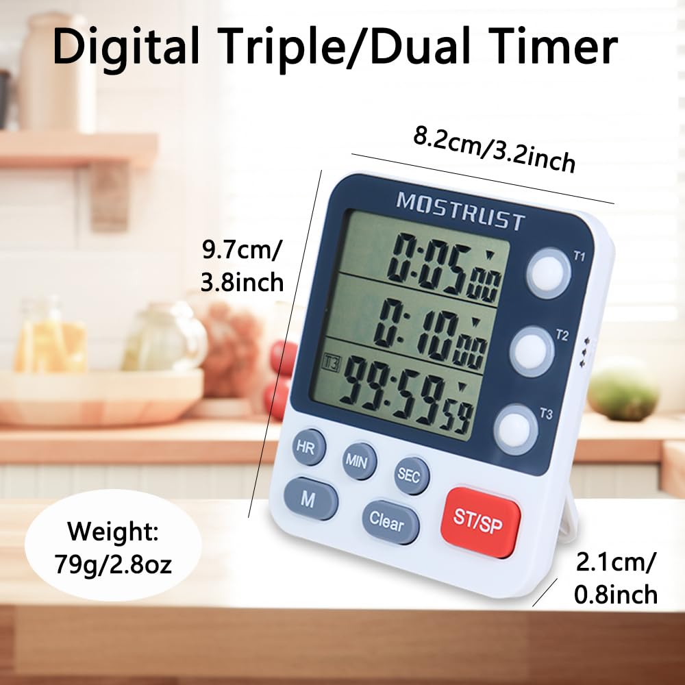 Digital Dual Kitchen Timer with 3 Channels - Count Up/Down Triple Cooking Timer for Baking, Memory Presets, Magnetic Back & Large Display - Adjustable Alarm Volume for Multi Time Management - Perfect for Baking, Cooking, Meal Prep & Kitchen Organization