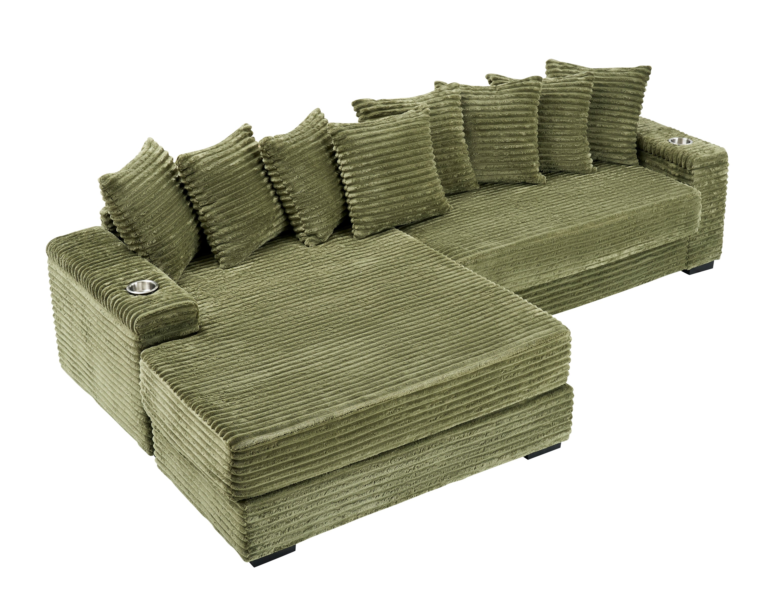 111.4 Inch Green Corduroy Reversible Chaise Lounge Sofa with Cup Holders & Storage Lockers on Armrests – Perfect for Living Room, Bedroom & Small Spaces