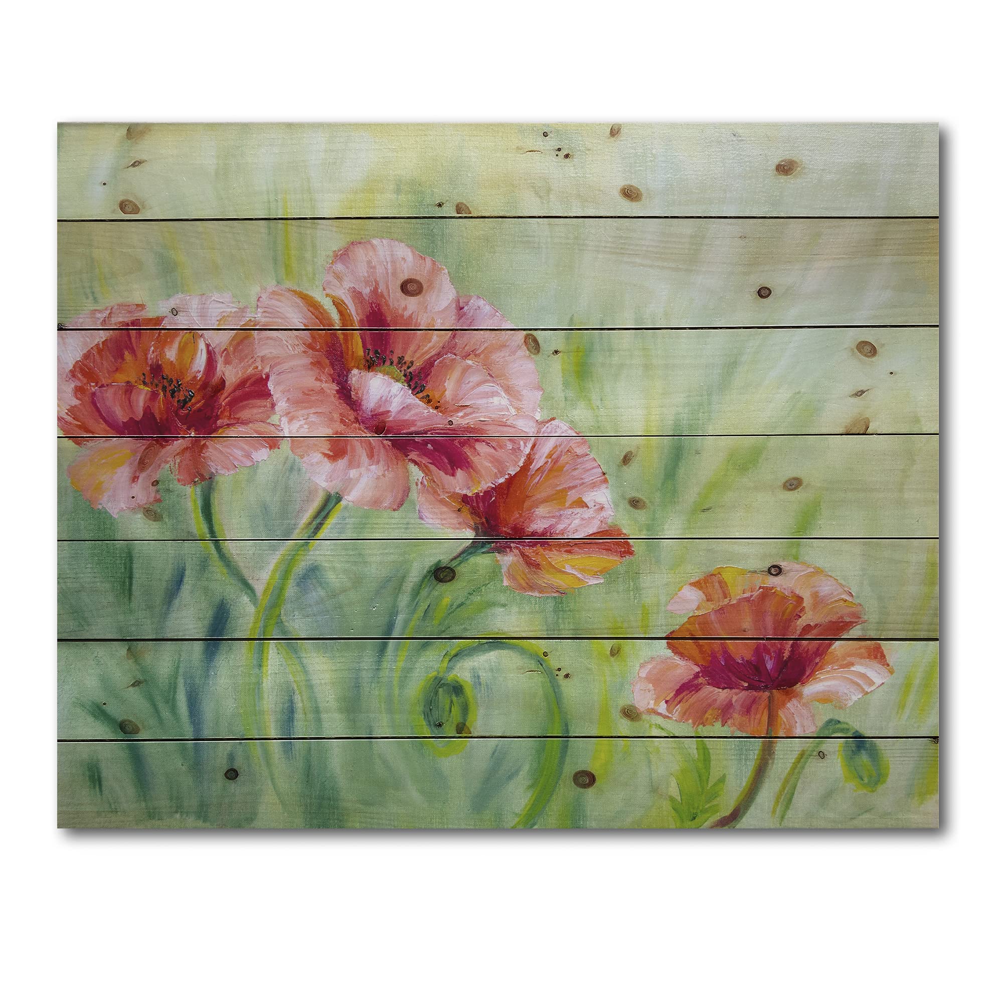Red Blossoming Poppies II Traditional Wood Wall Art - Large Floral Pine Wood Panel Decor for Living Room, Bedroom & Office