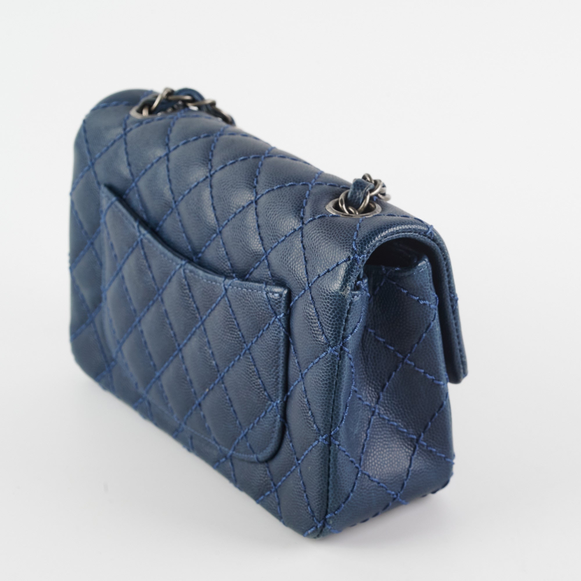 Chanel Mini Rectangular Flap Bag in Blue Caviar Leather - Perfect for Evening Out & Special Occasions