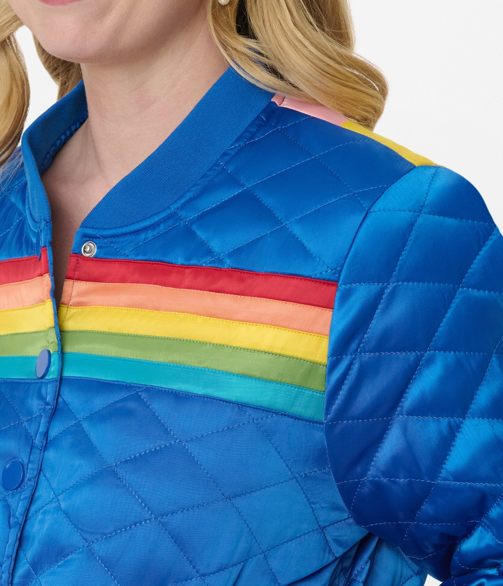 Vintage Blue & Rainbow Quilted Varsity Jacket - Retro Baseball Letterman Jacket for Women - Perfect for Casual Outfits, College Events & 90s Fashion Style