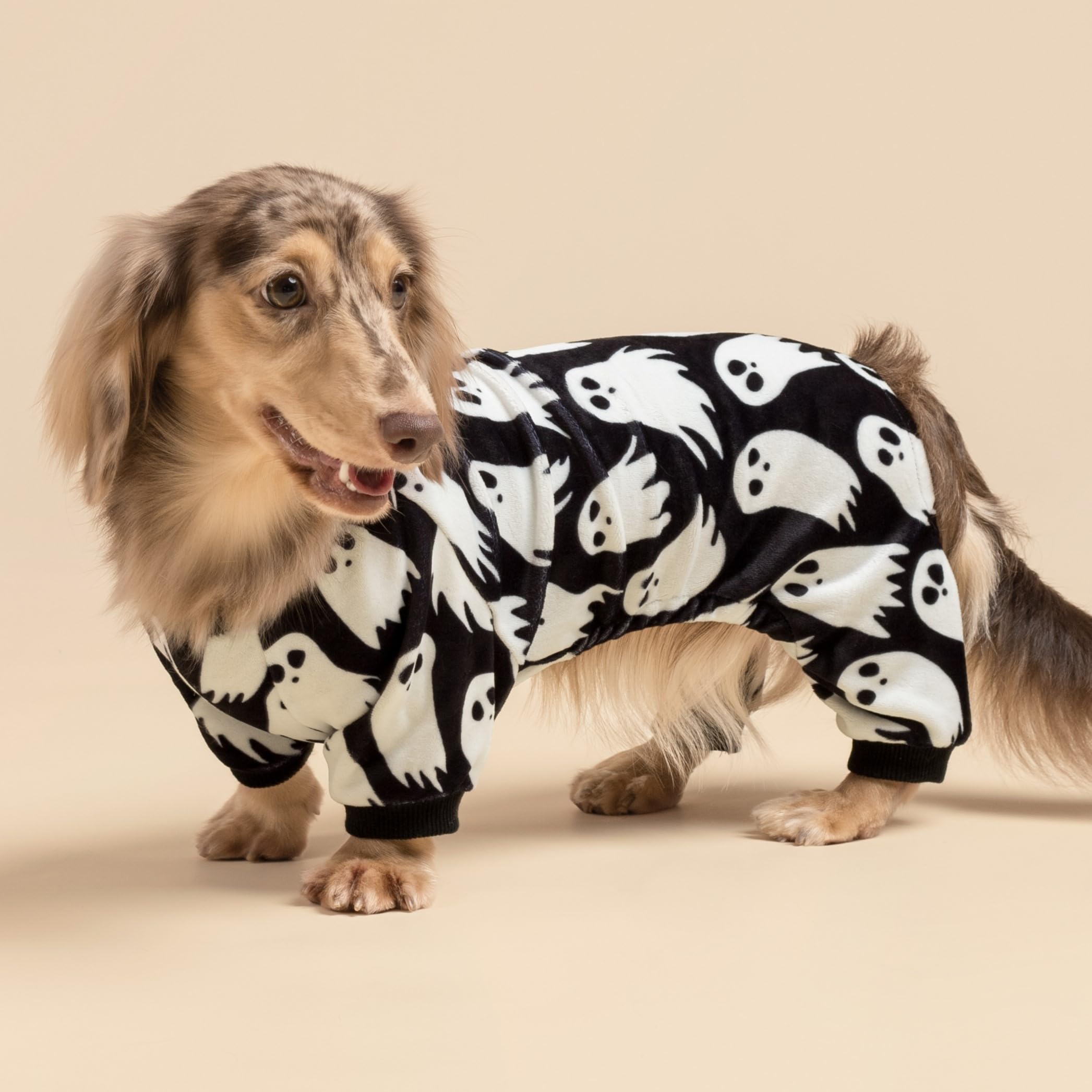 Fitwarm Halloween Ghost Dog Pajamas - Funny Fleece Dog Onesie Costume with Feet for Small Dogs (Black/White, XL) | Cute Pet Apparel for Halloween Parties & Cozy Nights