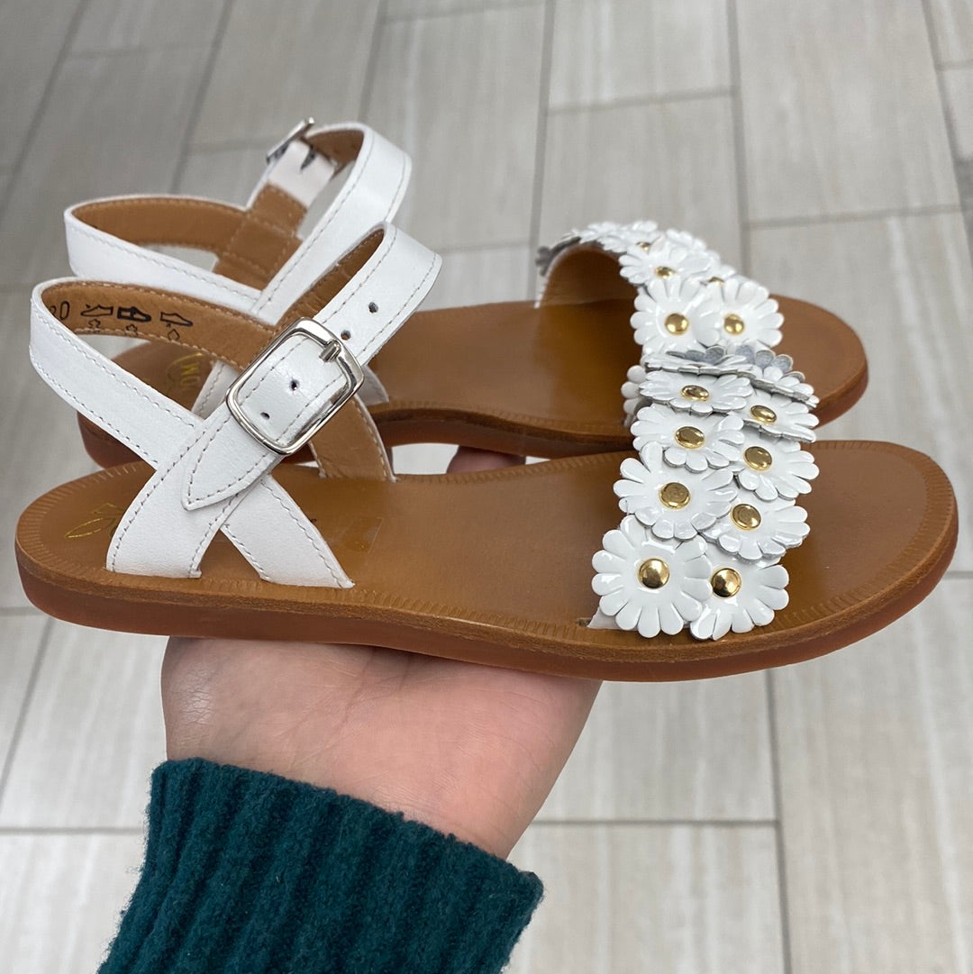 Pom D'Api White Sunflower Sandals for Girls - Comfortable Leather Summer Sandals with Adjustable Straps | Perfect for Beach, Vacation, and Casual Outings