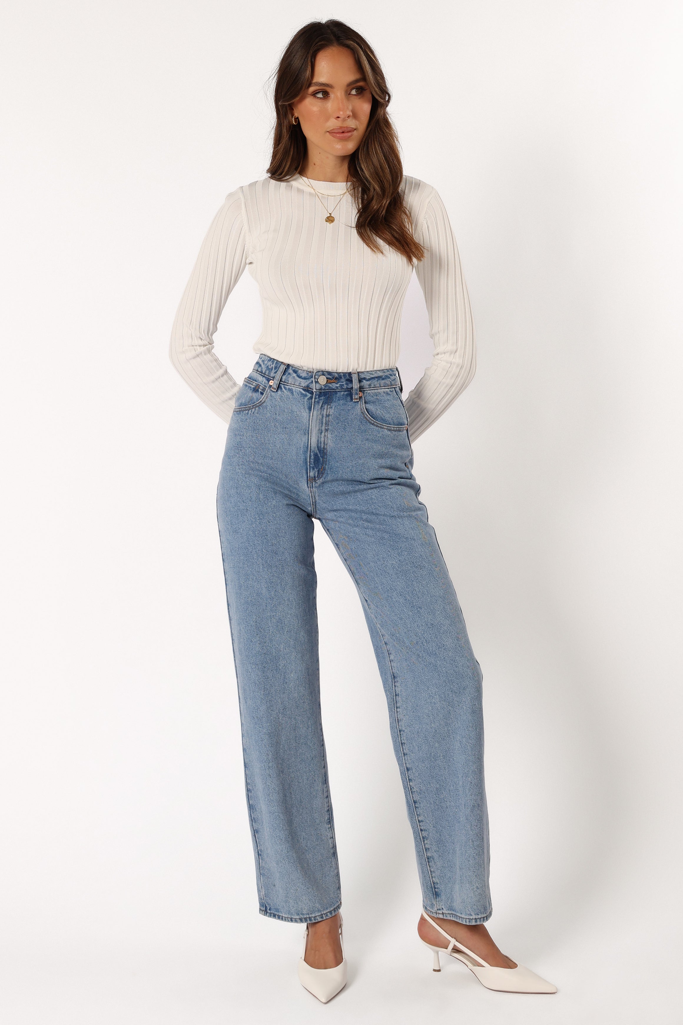 Aneesa Women's Wide Rib Knit Top - Soft Stretch Casual T-Shirt in White | Perfect for Everyday Wear, Layering & Office Outfits