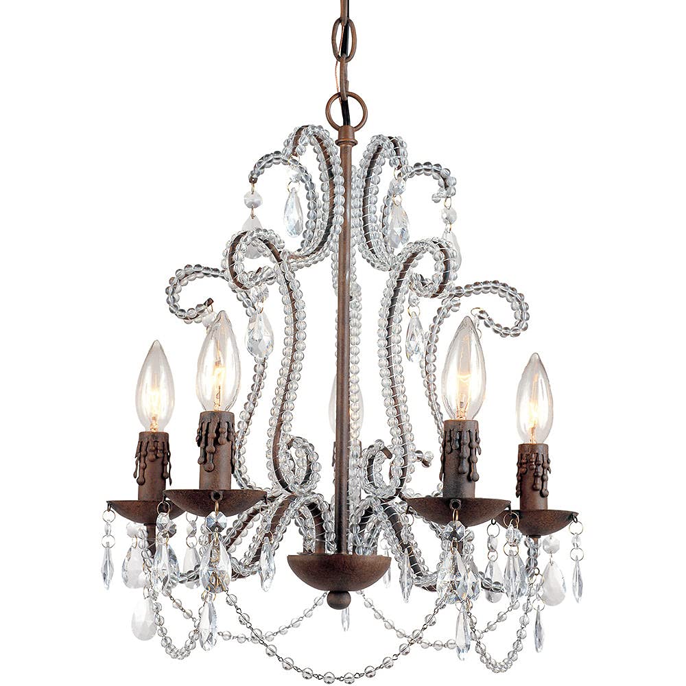 5-Light Mini Chandelier with Clear Glass Beads & Swag Kit - Plug-in/Hardwire Hanging Light Fixture in Chocolate Finish - Elegant Lighting for Dining Room, Office, Bedroom or Entryway Decor