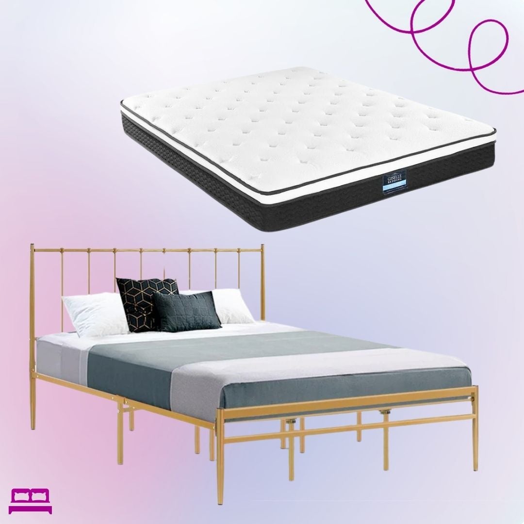 King Size Amor Bed Gold & Bonita Euro Top Mattress - Medium Firm Support for Back Pain Relief - Luxury Hybrid Mattress for Bedroom, Guest Room & Dorm Use