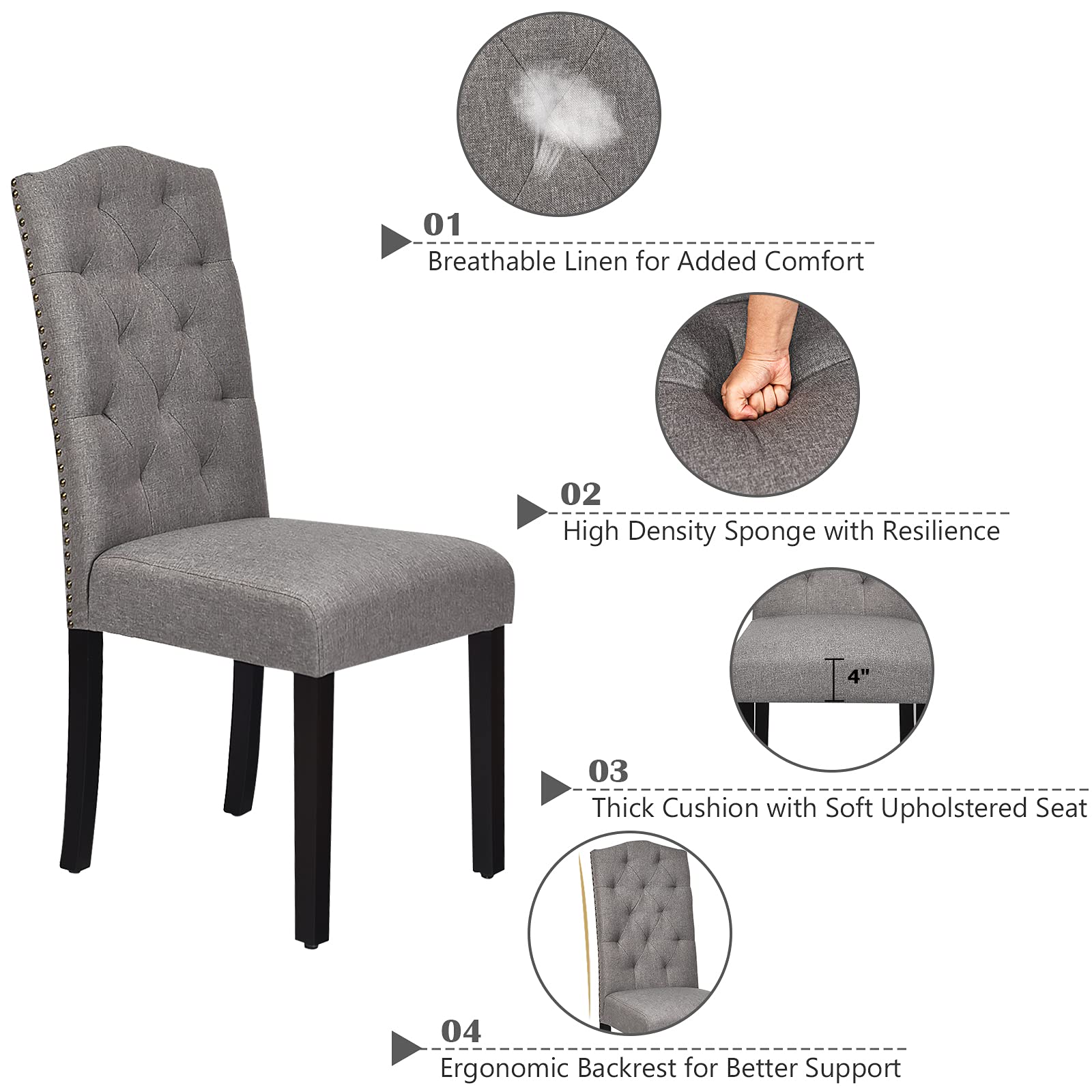 4-Piece Grey Fabric Dining Chair Set - Upholstered Tufted Parsons Chairs with Solid Wood Legs & Tall Back - Elegant Kitchen & Dining Room Seating for Home & Restaurant Use