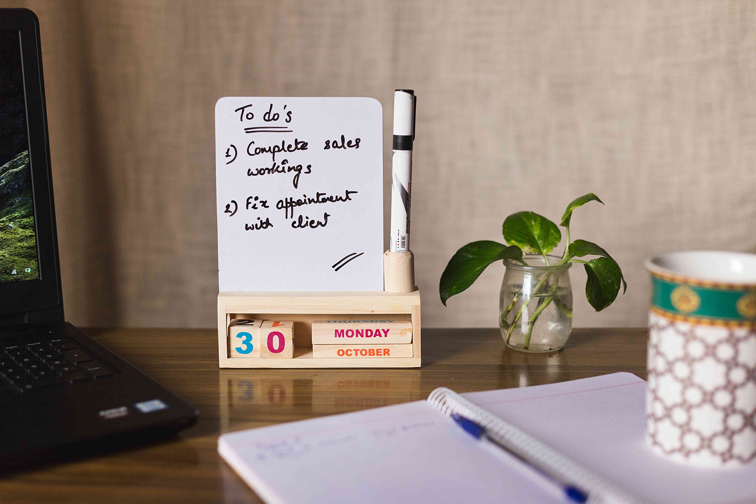IVEI Wooden Desk Calendar with Whiteboard - Perpetual Calendar Set for Office, School, Home & Study Room - Reusable Dry Erase Board Calendar for Planning, Scheduling & Desk Decor - Perfect for Daily Organization, Goal Tracking & Workspace Decoration