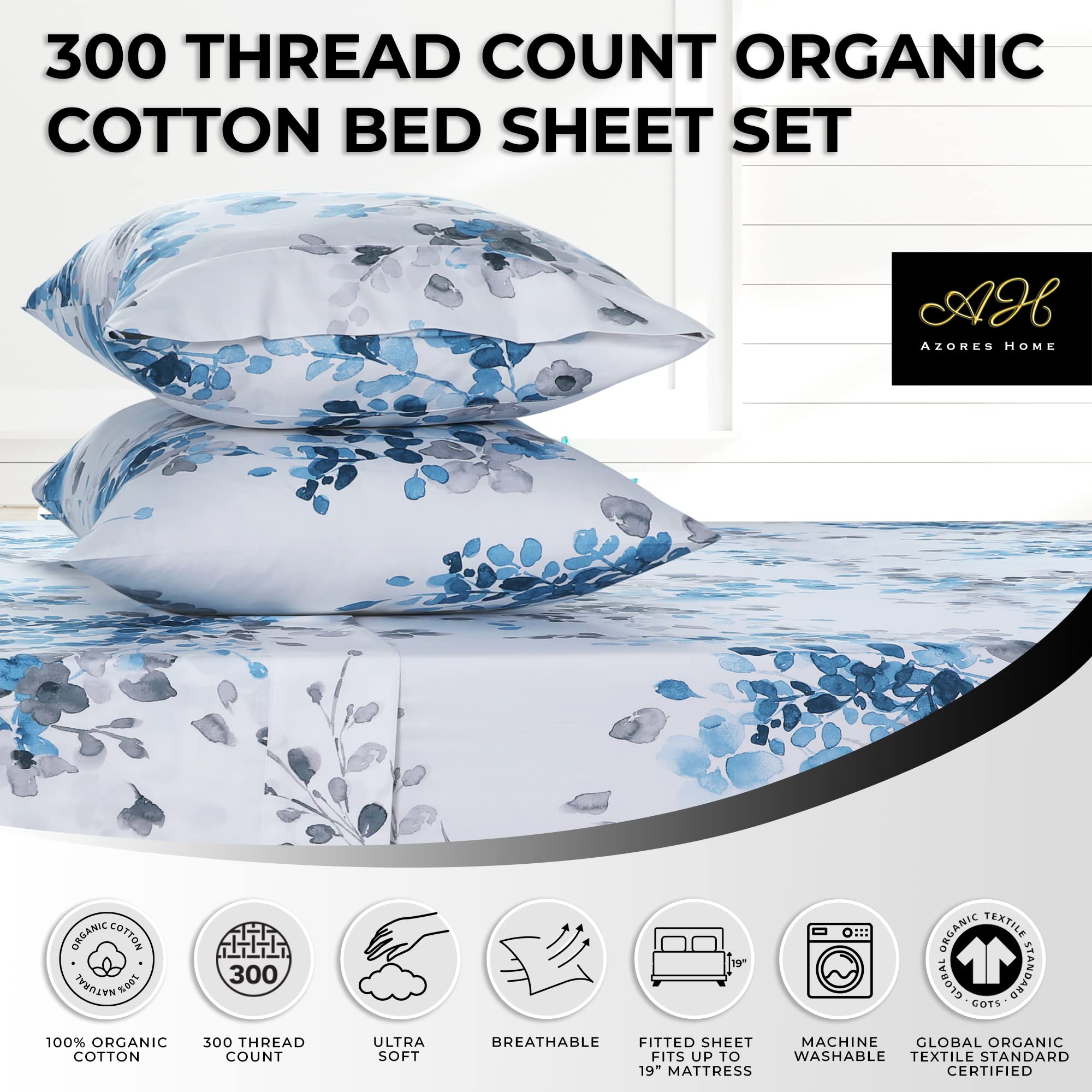 Azores 300 Thread Count Organic Cotton Deep Pocket Bed Sheet Set - Twin XL Size, Fits 19 Inch Mattress, Isabella Grey | Soft & Breathable for Comfortable Sleep, Perfect for Dorms, Guest Rooms & Eco-Friendly Homes