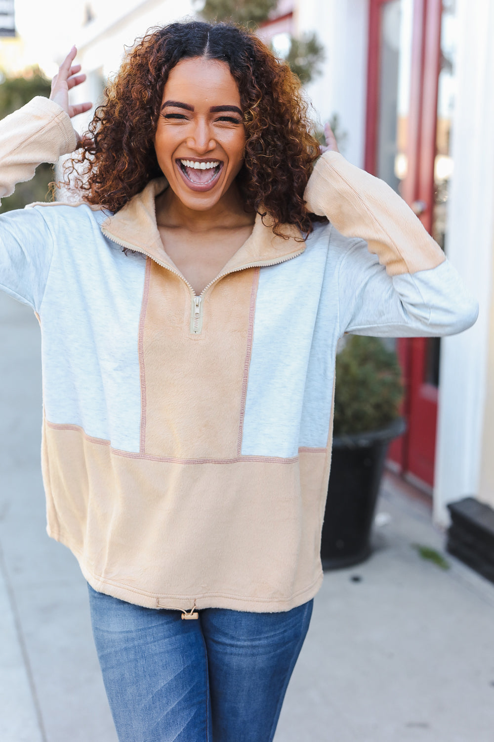 Cozy Grey & Beige Fleece Zip-Up Pullover with Cinched Hem | Holiday & Winter Wear for Women | Perfect for Casual Outfits, Lounging & Outdoor Activities