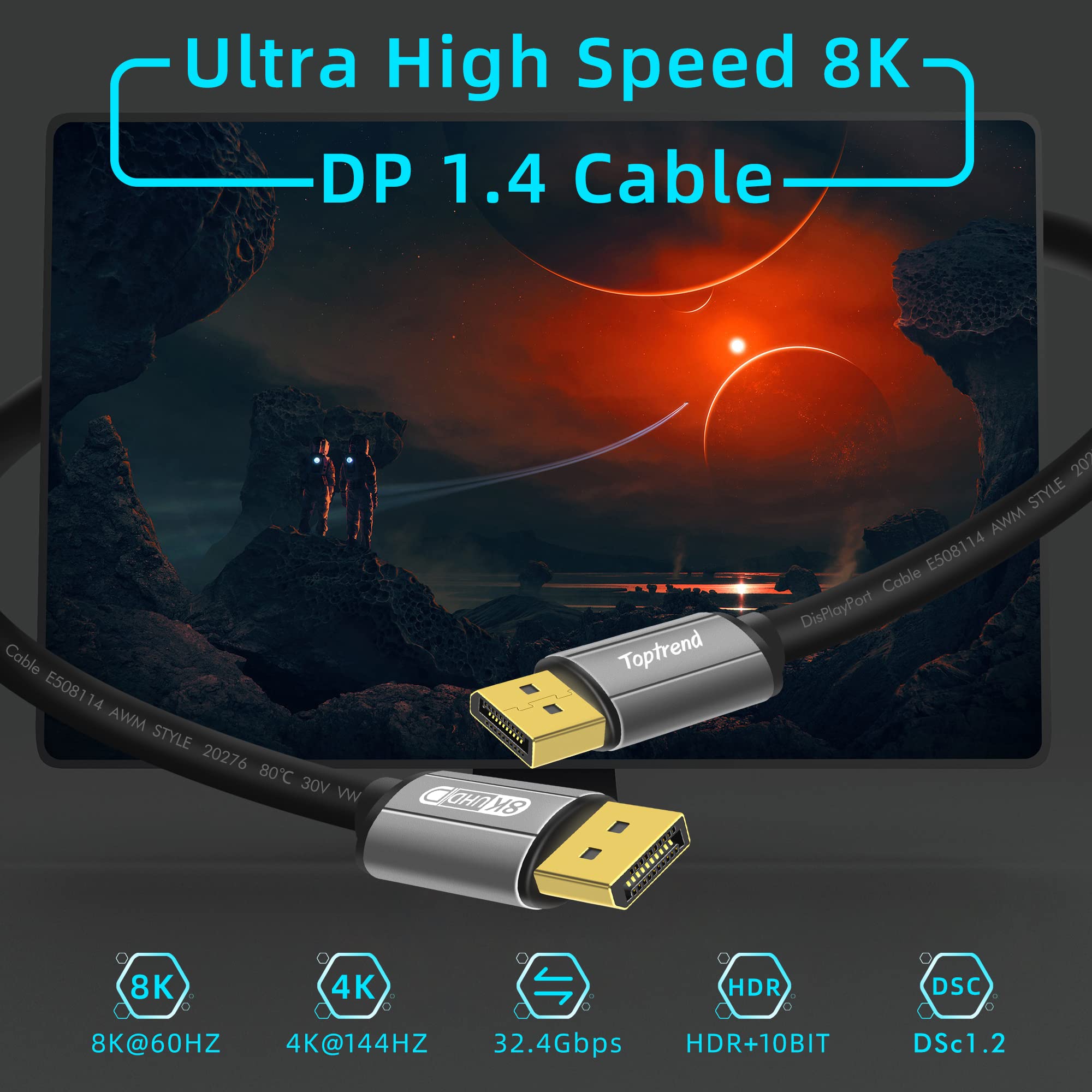 Toptrend 8K DisplayPort Cable 1.4 - 3ft DP Cable Supports 8K@60Hz, 4K@144Hz, 1080p@240Hz, HBR3, 32.4Gbps, HDR, HDCP 2.2 - Compatible with Gaming Monitors, HDTV, Laptop, PC - Ideal for High-Resolution Gaming & 4K/8K Video Streaming