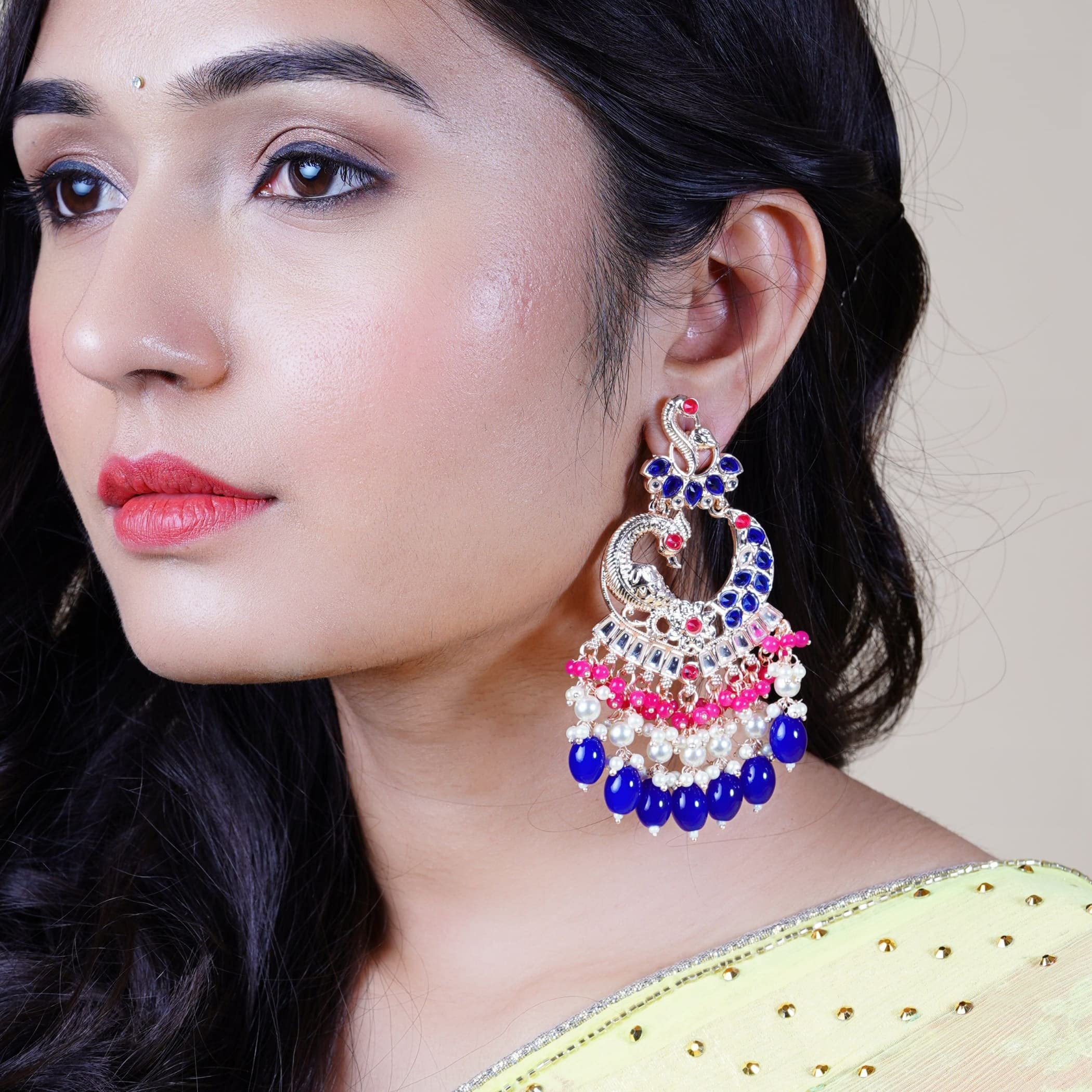 LoveNspire Oversized Indian Jhumka Earrings for Women - Peacock Chandbali Kundan & Faux Pearl Dangle Earrings, Ethnic Bollywood Style Jewelry for Parties, Weddings & Festive Occasions