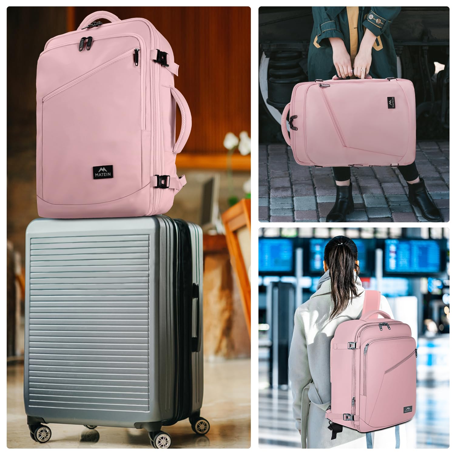 Matein Pink Travel Backpack for Women - Large Airline Approved Expandable Carry On Backpack (35L) | Convertible Weekender Bag for Hiking, Gym & Sports | Perfect Gift for Travelers | Ideal for Air Travel, Outdoor Adventures & Daily Commute
