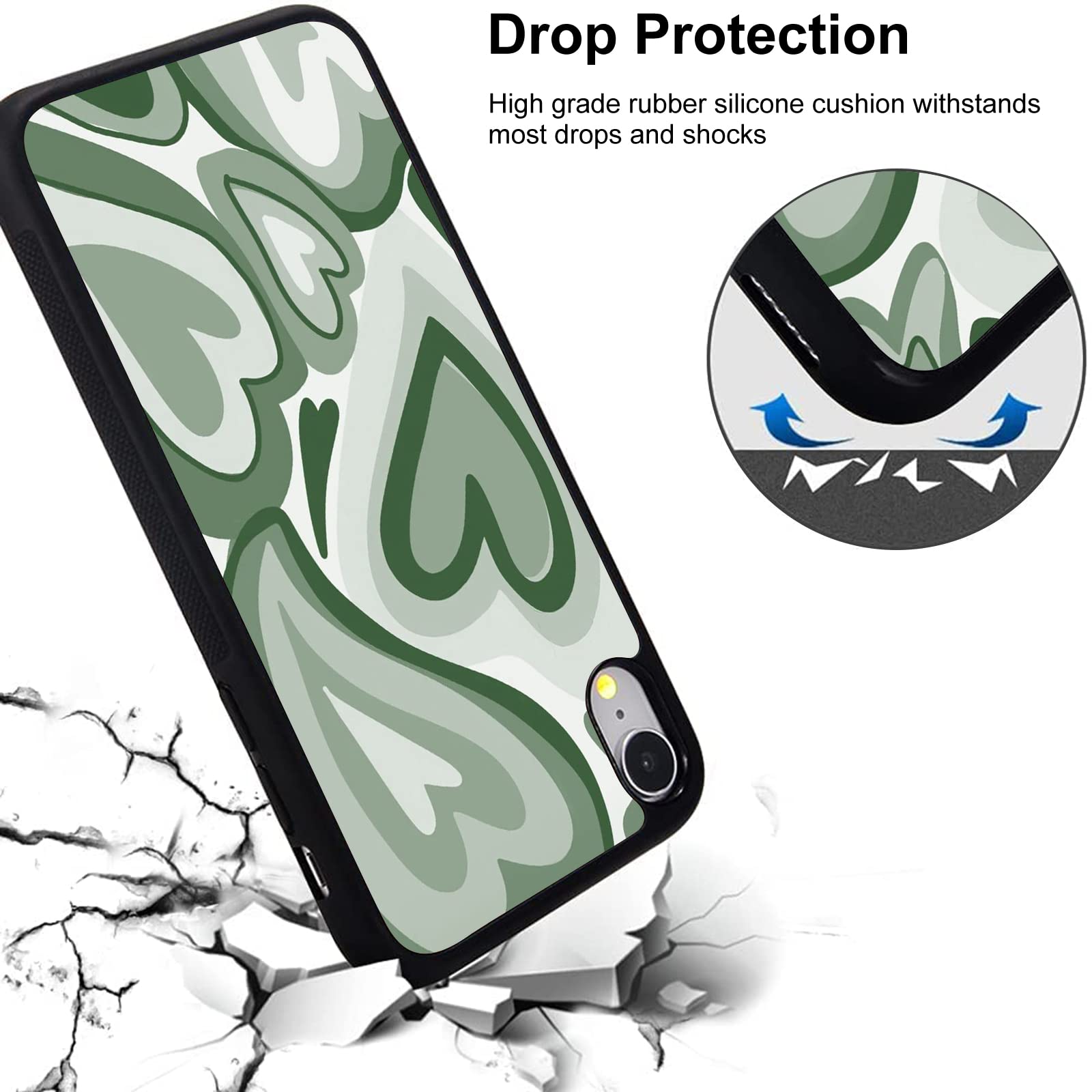 Cute Green Love Heart Print Soft TPU Hard Back Shockproof iPhone 13 Pro Max Case for Women - Anti-Scratch Protective Cover with Durable Design, Perfect for Everyday Use, Travel & Gift Giving