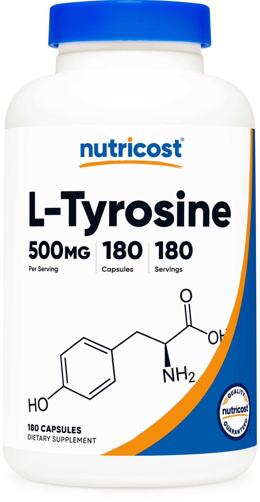 Nutricost L-Tyrosine 500mg, 180 Capsules - Gluten Free, Non-GMO Supplement for Focus, Energy & Stress Relief - Supports Cognitive Function & Mood Enhancement for Workouts, Study & Daily Performance