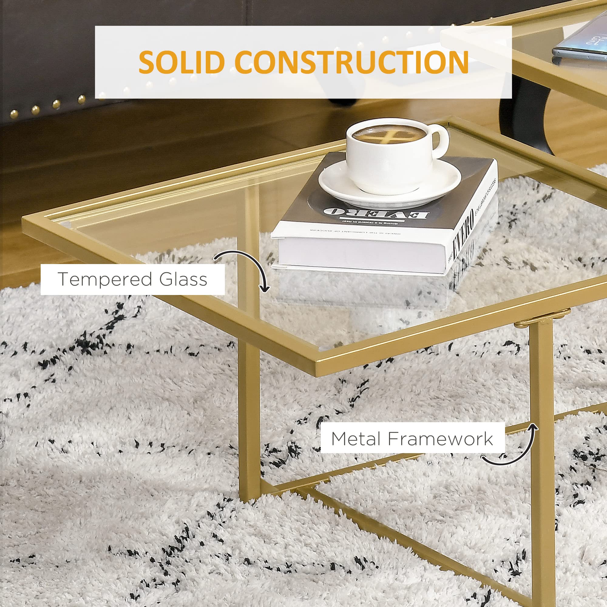 HOMCOM Modern Gold Tempered Glass Coffee Table with 2 Square Tabletops - Stylish Living Room & Bedroom Furniture for Home Decor | Perfect for Small Spaces & Entertaining Guests