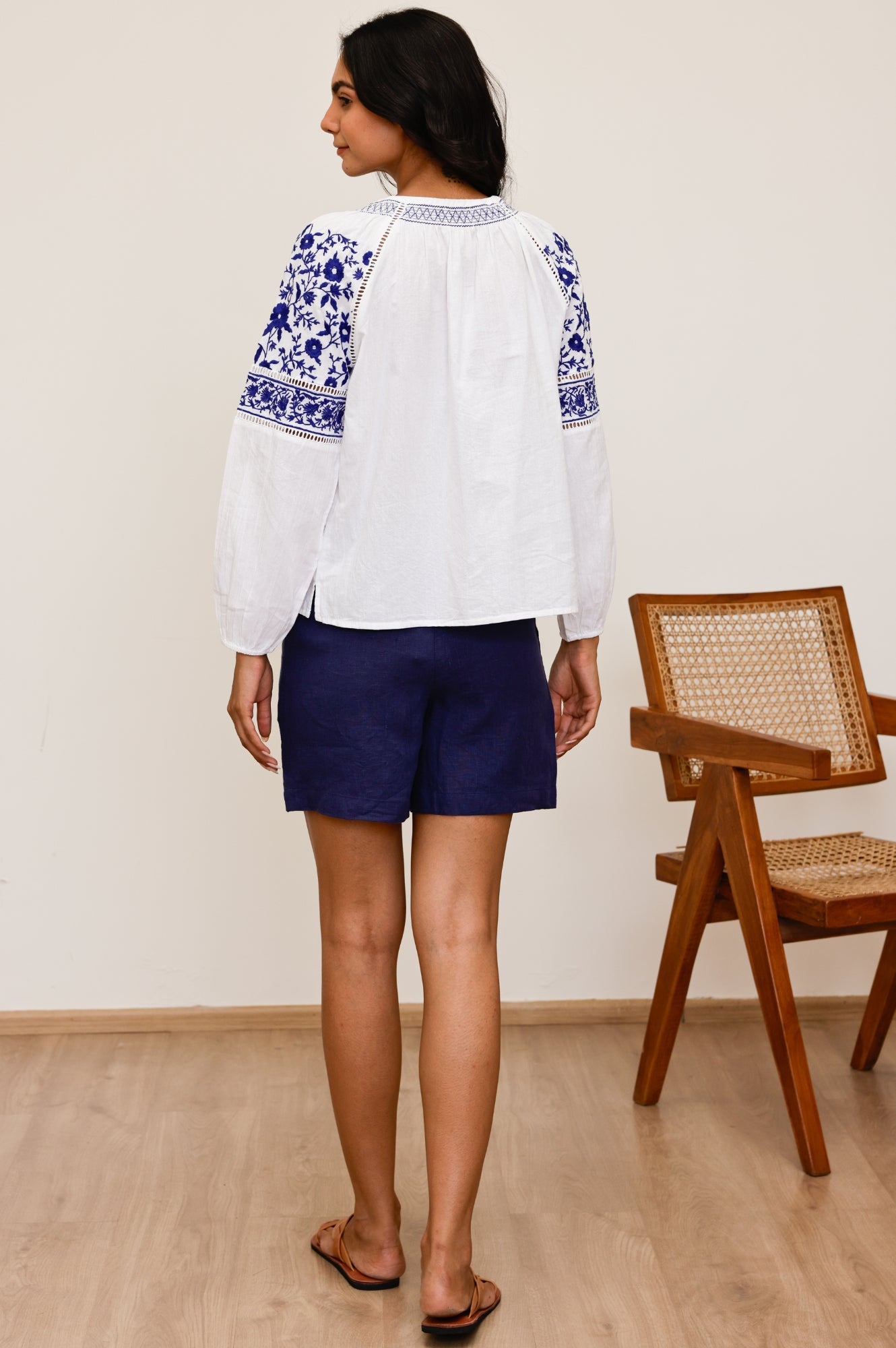 Ida Embroidered Top for Women - White & Cobalt Blue Floral Blouse | Perfect for Casual Wear, Office Outfits & Summer Fashion