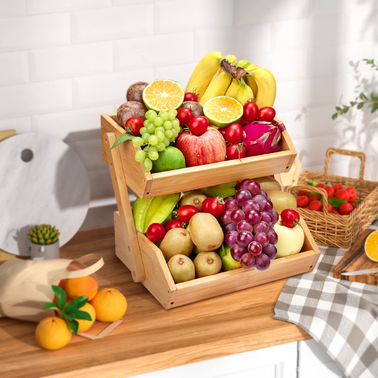 Premium 2-Tier Bamboo Fruit Basket - Large Kitchen Countertop Organizer for Fruits & Vegetables | 15mm Thick Natural Bamboo | Easy Self-Assembly | Perfect for Home Kitchen, Dining Room, or Fruit Shop Display