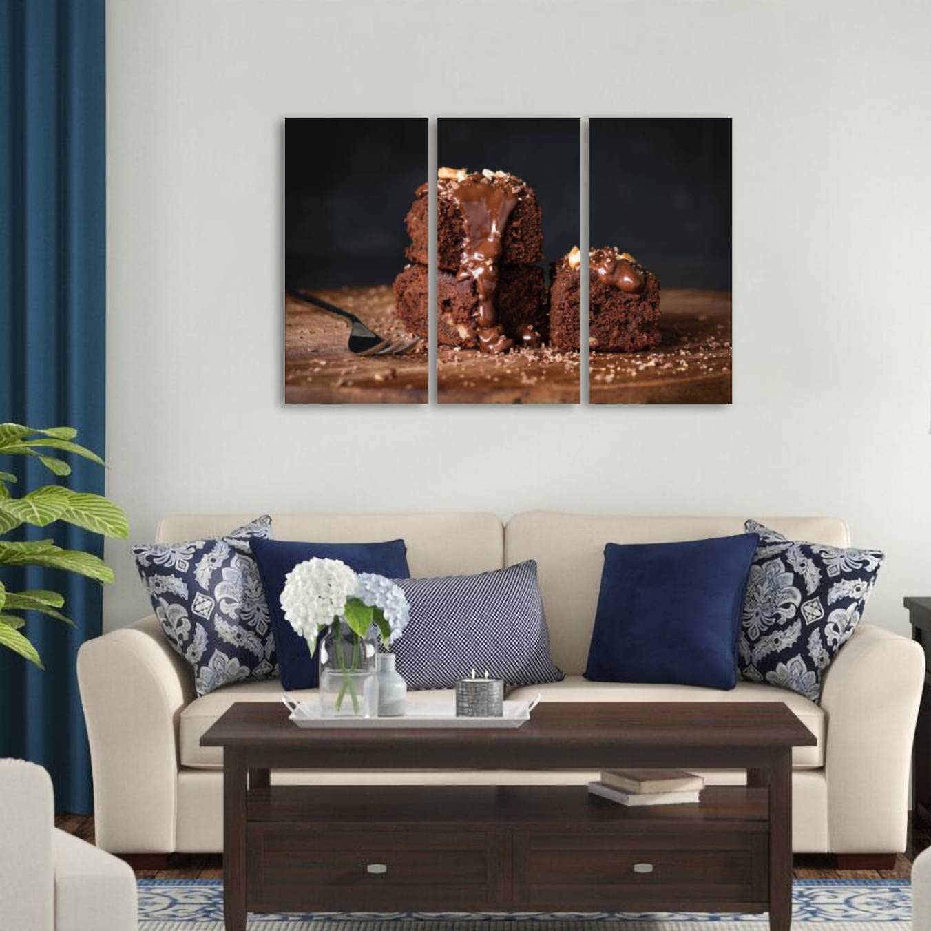Chocolate Brownies with Walnuts & Glaze Canvas Wall Art - 3 Piece Framed Modern Painting for Living Room & Bedroom Decor | Ready to Hang | Perfect for Kitchen, Dining Room & Cafe Wall Decor