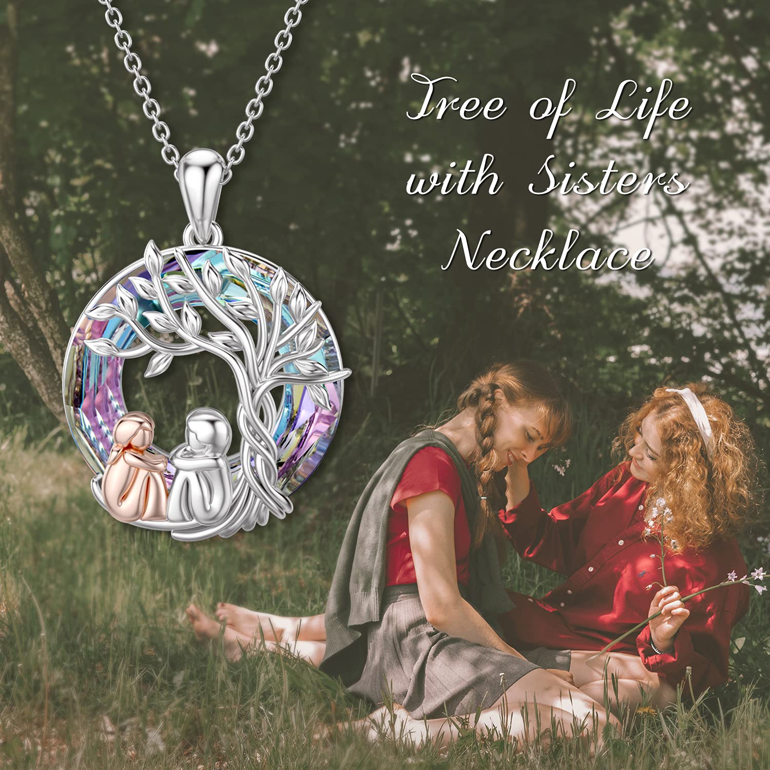 925 Sterling Silver Tree of Life Necklace for Sisters - 2/3/4 Sisters Crystal Jewelry Gift for Women, Daughter, Friends | Birthday, Mother's Day Present | Meaningful Sister Bonding Keepsake for Special Occasions