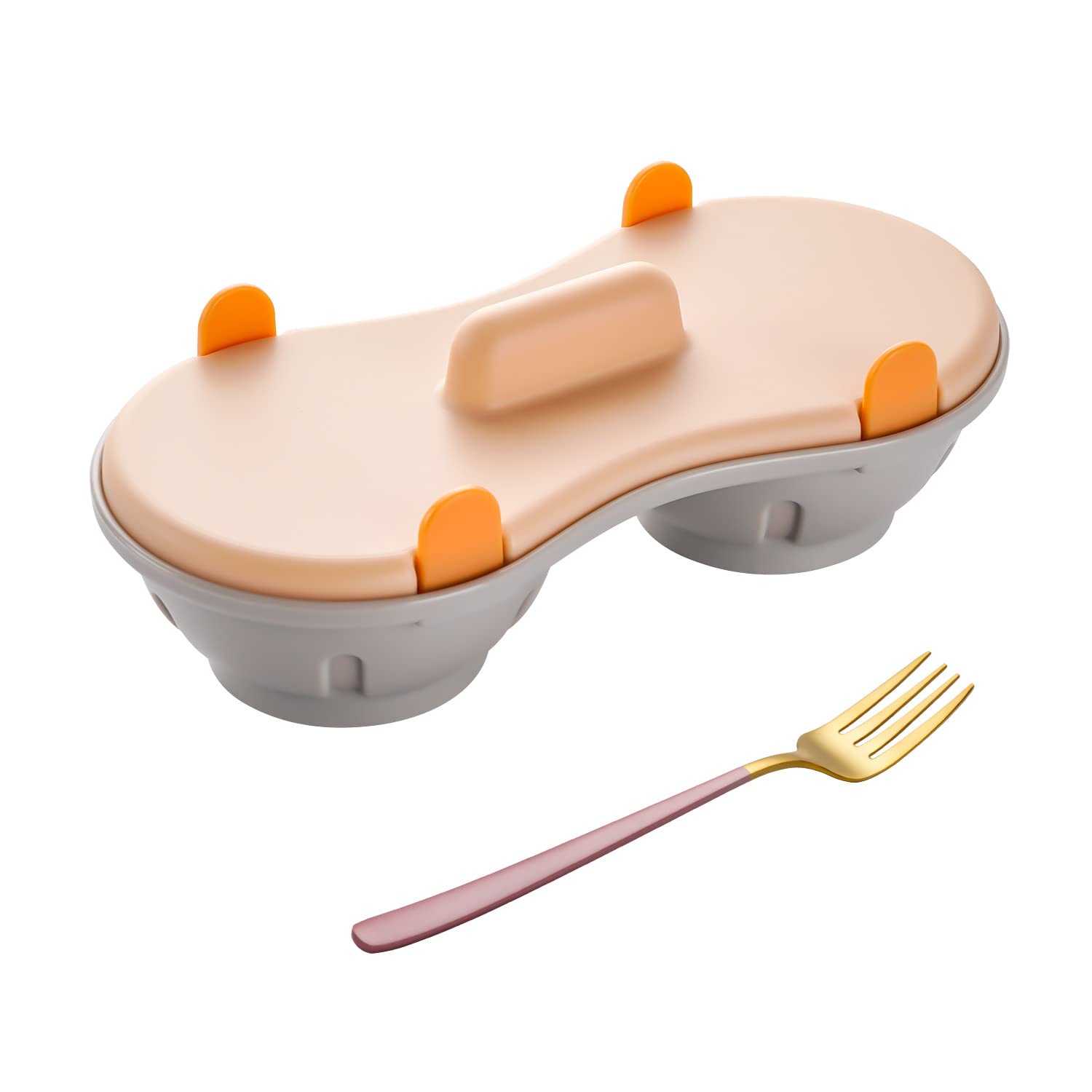 Anylion Microwave Safe Egg Poacher with Lid - 2-Cavity Poached Egg Maker for Perfect Breakfast (Includes Pink Fork) | Ideal for Quick & Healthy Meals, Camping, and Meal Prep