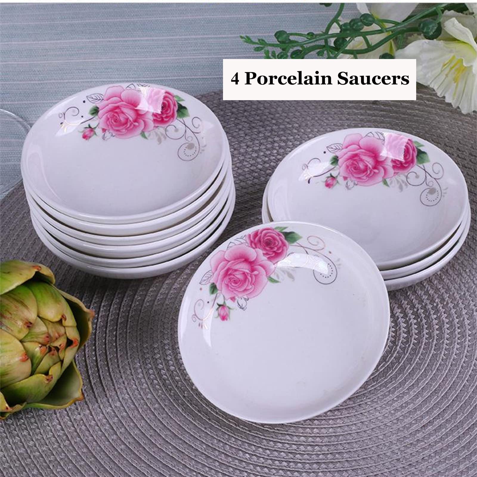 4-Pack Floral Ceramic Saucer Dishes - 4 Inch Decorative Appetizer Plates for Sushi, Snacks, Condiments & Seasonings | Perfect for Japanese Dining, Tea Parties & Home Decor