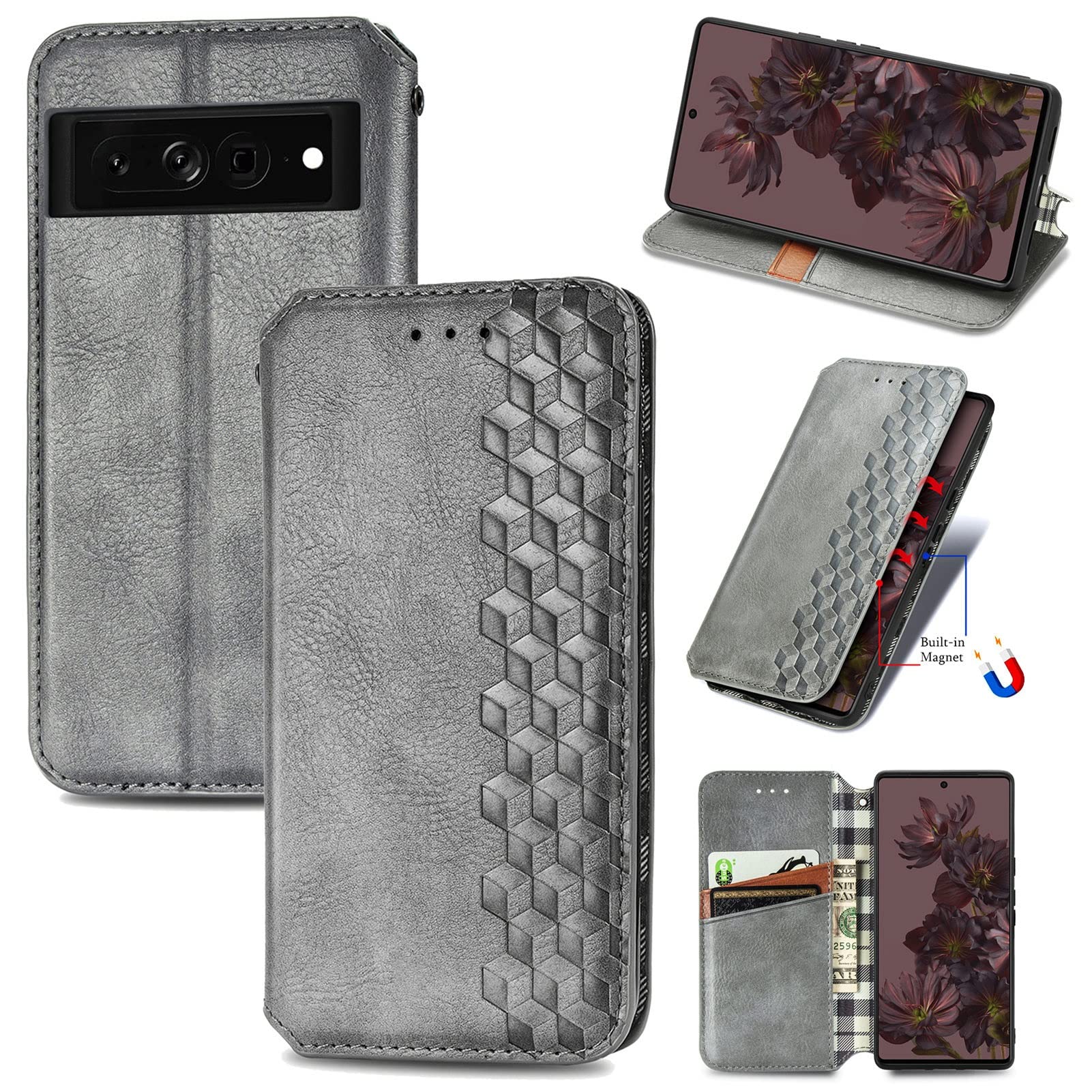 TOMLIN PU Leather Flip Case for Google Pixel 7 - Ultra Thin Protective Wallet Cover with Card Slots | Perfect for Business, Travel & Everyday Use (Grey)
