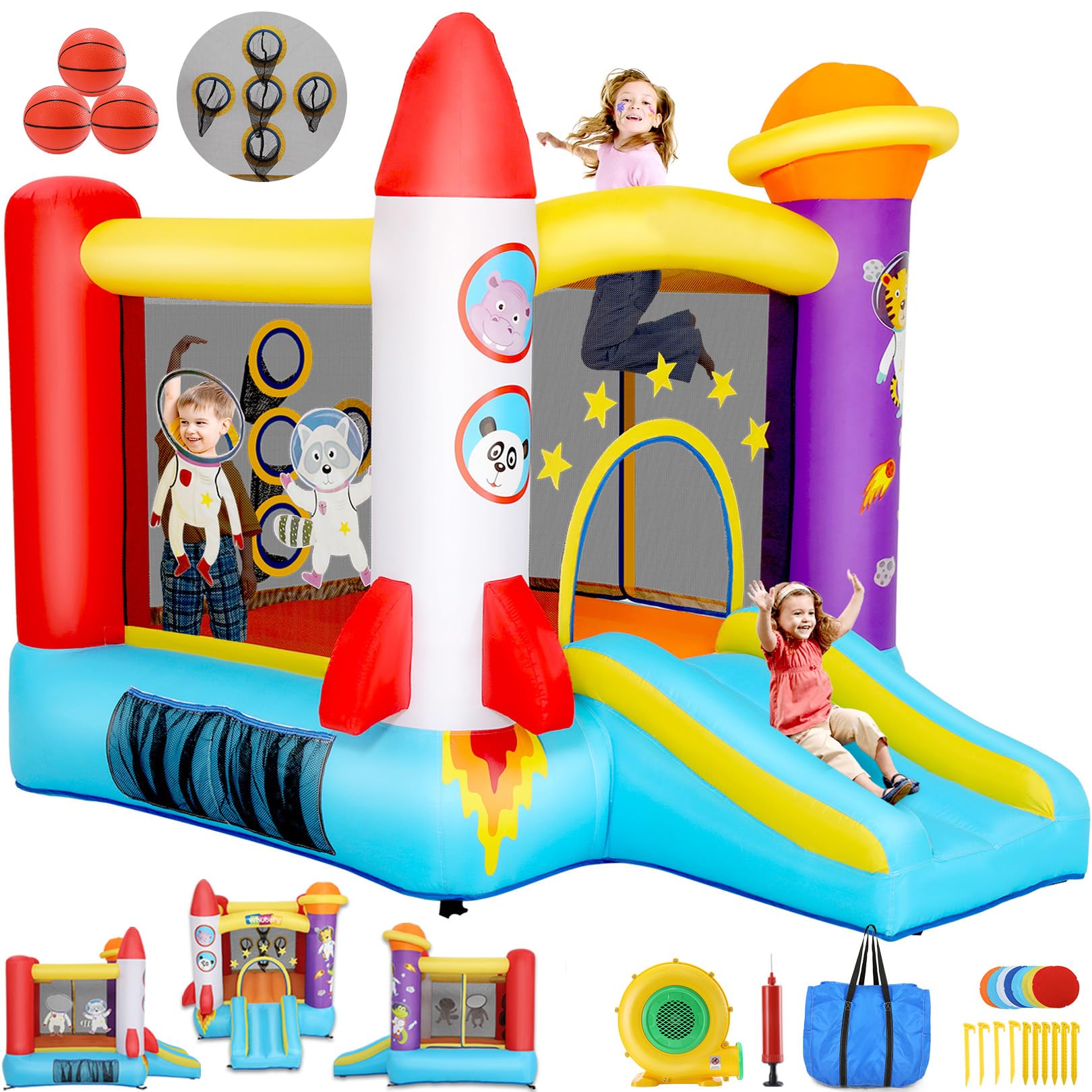 Inflatable Bounce House for Kids 2-8 Years - Astronaut Theme with Slide, Pitching Game & Photo Backdrop - 106