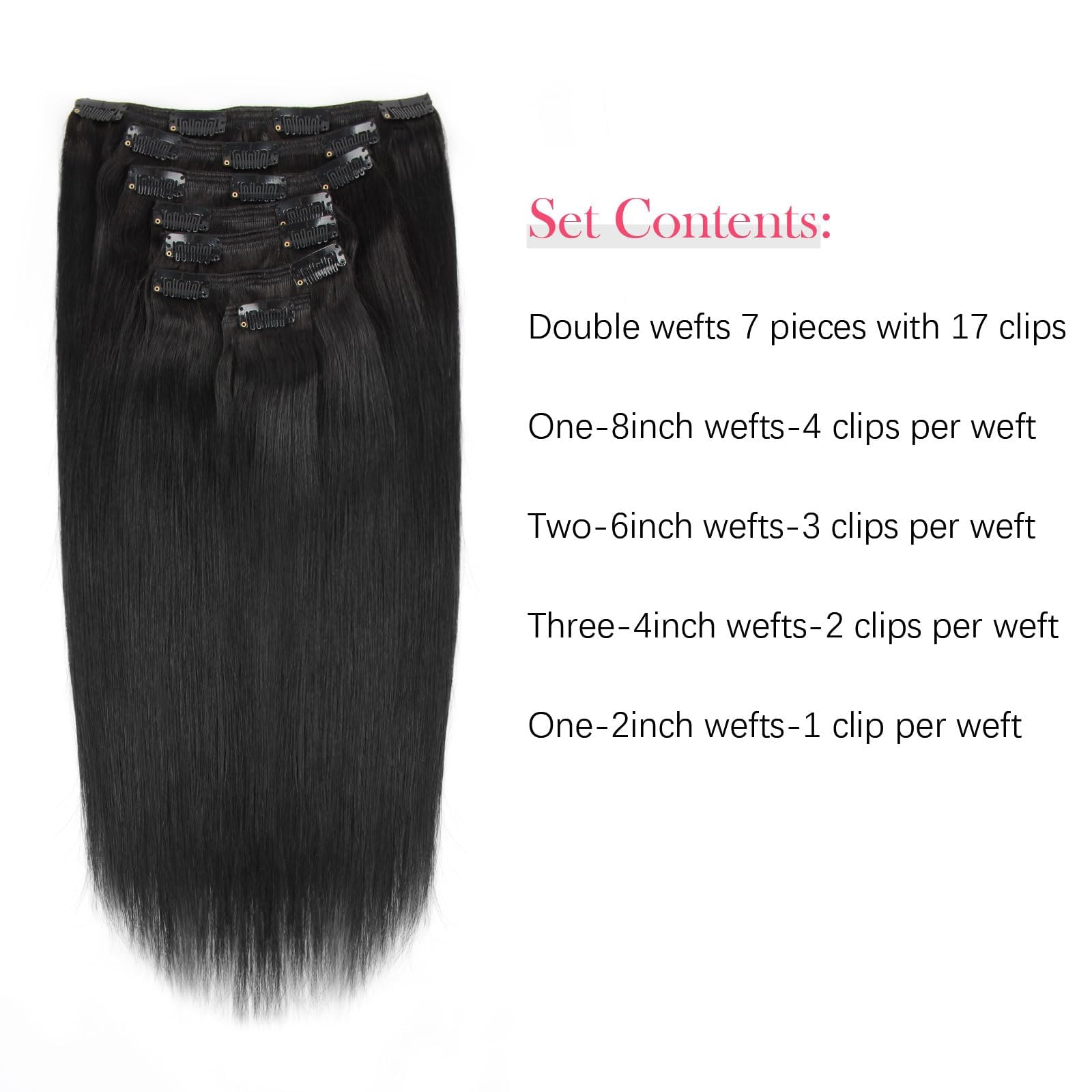 Sassina 18 Inch Silky Straight Clip In Human Hair Extensions - 100% Remy Human Hair, Seamless & Natural Look - 7 Pcs with 17 Clips (120g) - Perfect for Black Women - Great for Daily Styling, Parties & Special Occasions