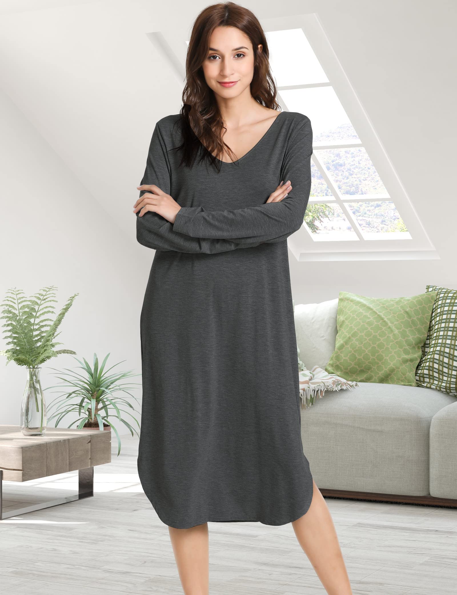 Soft Bamboo Nightgowns for Women - Long Sleeve V-Neck Sleepwear | Comfortable Loungewear & Sleepwear for Relaxing at Home