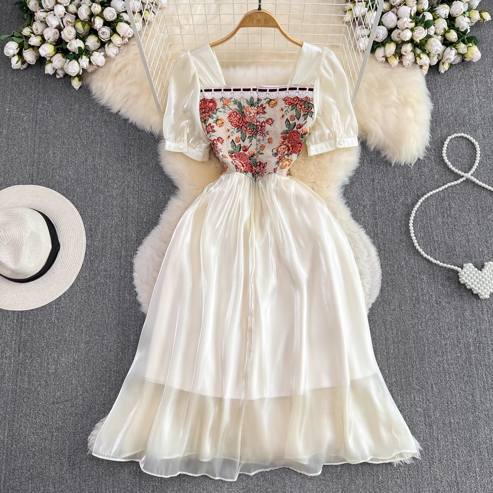 Fairy Short Sleeve Square Neck A-Line Midi Dress 1658 | Floral Summer Dress for Women | Perfect for Garden Parties, Brunch Dates & Casual Outings