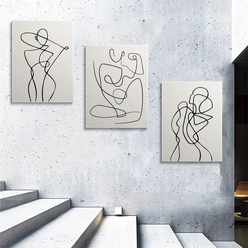 3-Piece Abstract Black & White Minimalist Line Art Metal Wall Prints - Ready to Hang Modern Home Decor for Living Room, Bedroom & Office