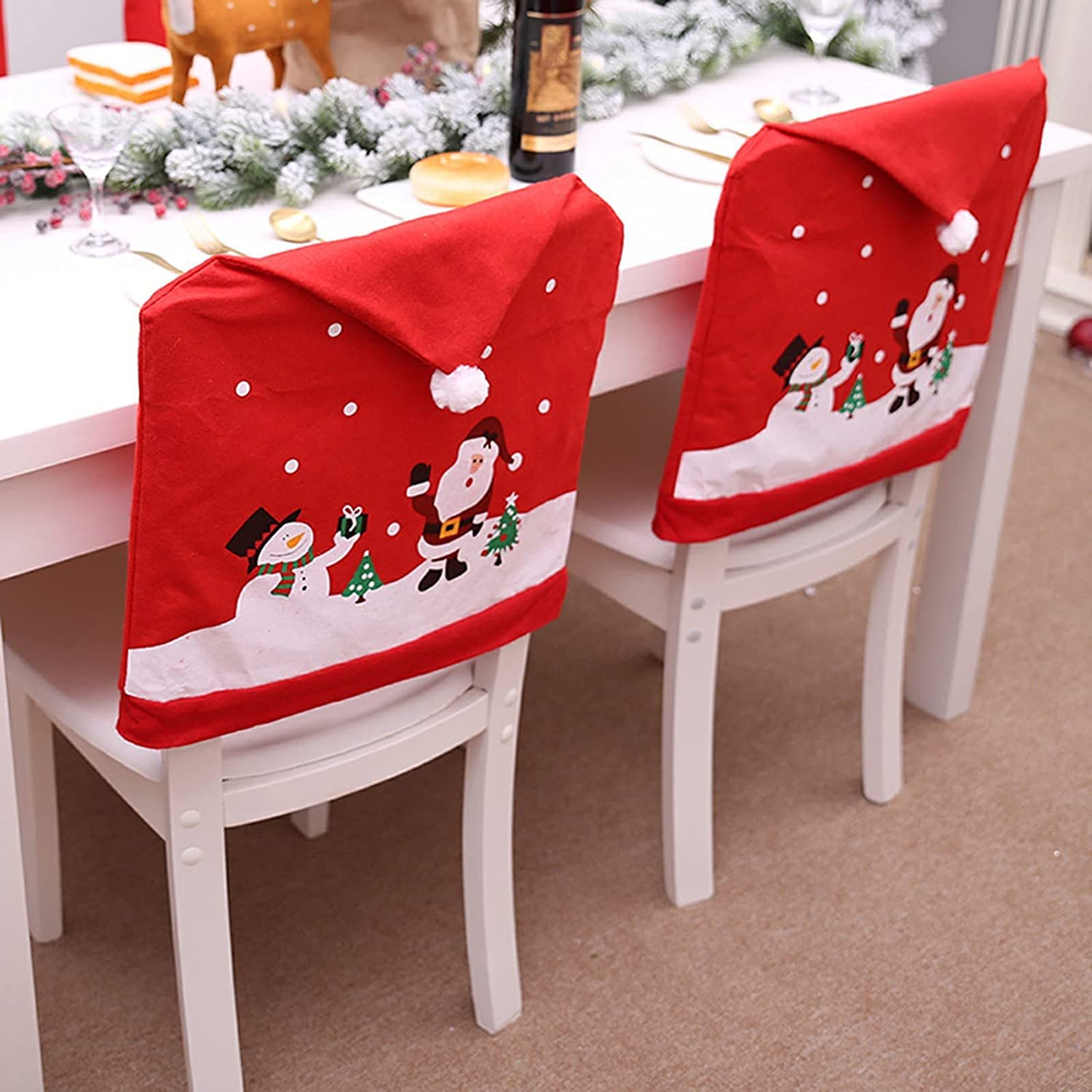 6 PCS Santa Claus Hat Chair Covers - Christmas Chair Back Covers for Dining Table Decor, Red Santa Hat Slipcovers for Xmas Party, Holiday Dinner & Home Decoration