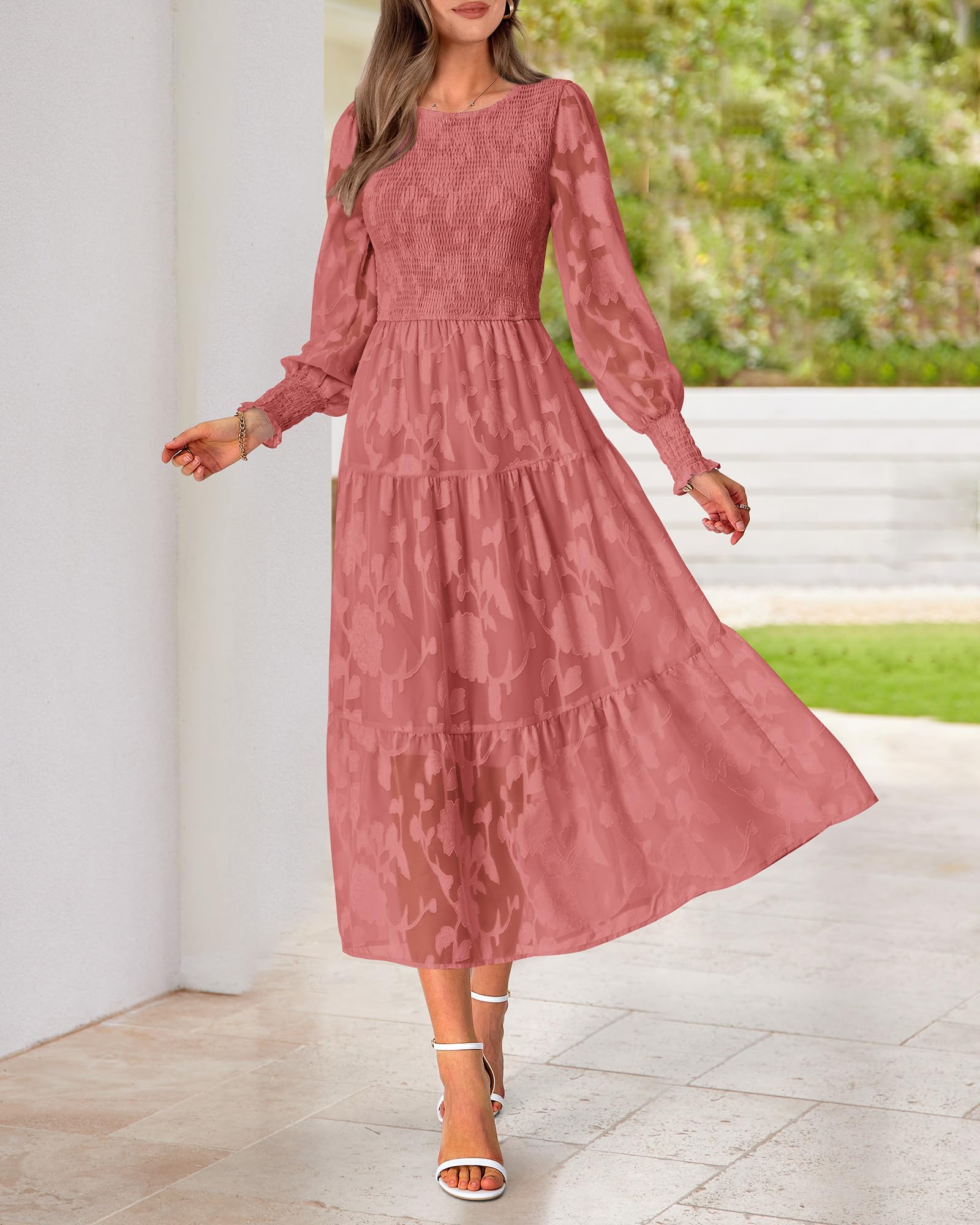 BTFBM Women's Elegant Floral Midi Dress - Long Sleeve Bohemian Wedding Guest Dress for Spring 2025 | Perfect for Garden Parties, Bridal Showers & Formal Events