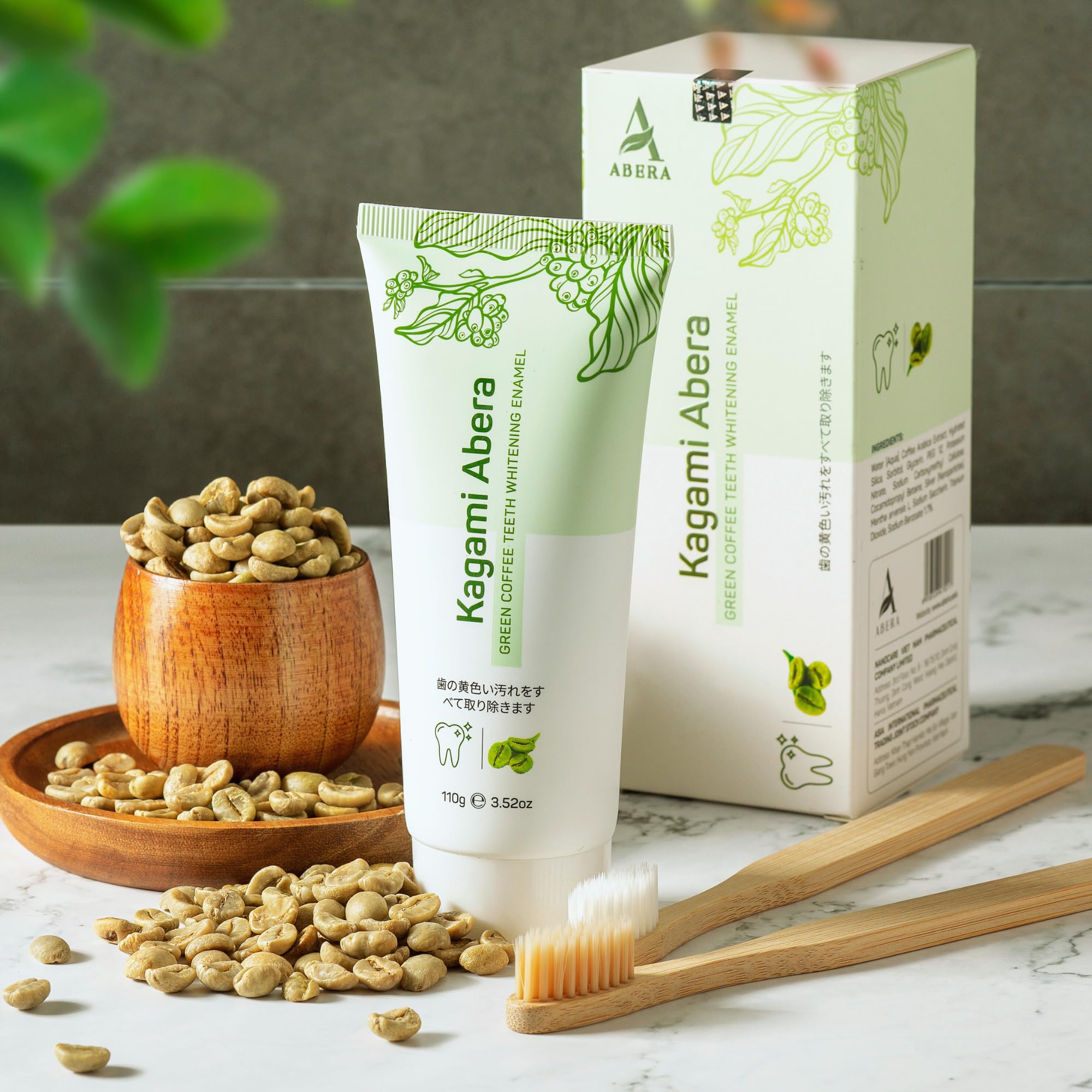 Kagami Abera Natural Whitening Toothpaste - Fluoride Free, Plaque Fighting Formula with Fermented Green Coffee Extract for Brighter Teeth & Fresh Breath, 3.52 oz | Gentle Oral Care for Sensitive Teeth, Vegan & Cruelty-Free | Perfect for Daily Use & Travel-Friendly Size