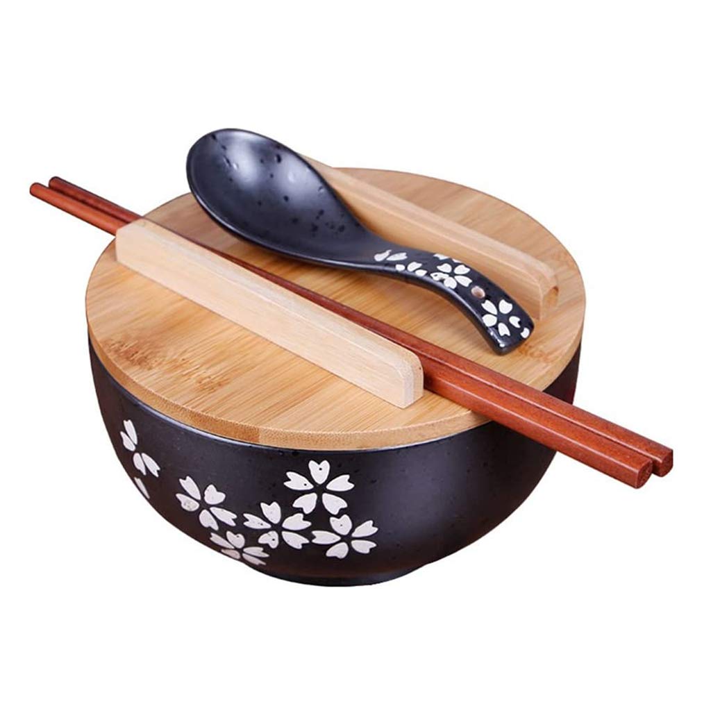 Premium Japanese Ramen Noodle Bowl Set - Black Rice Bowls with Lid, Spoon & Chopsticks - Perfect for Asian Noodles, Soups, and Home Dining